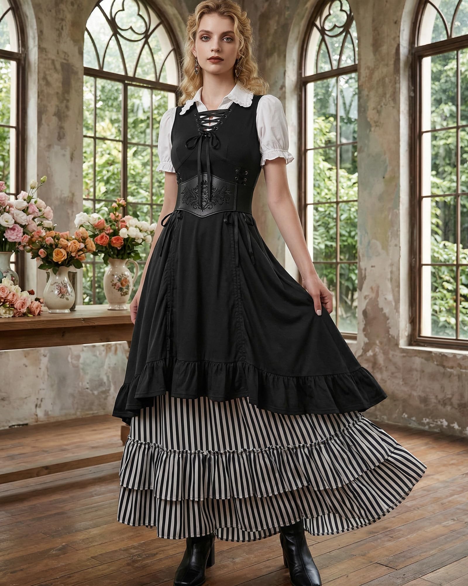 Scarlet Darkness Sukienka renesansowa steampunk, wiązana (gorsetowa), krój high-low, piracki gotycki kostium