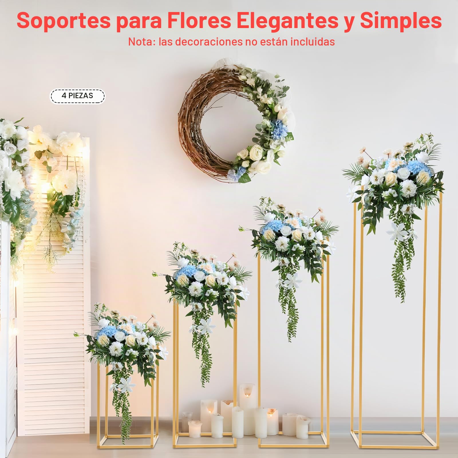 Soporte de metal dorado para flores, jarrón de suelo con plomo, para bodas, floreros de suelo, soporte para columnas, metal, boda, calle (4 unidades)