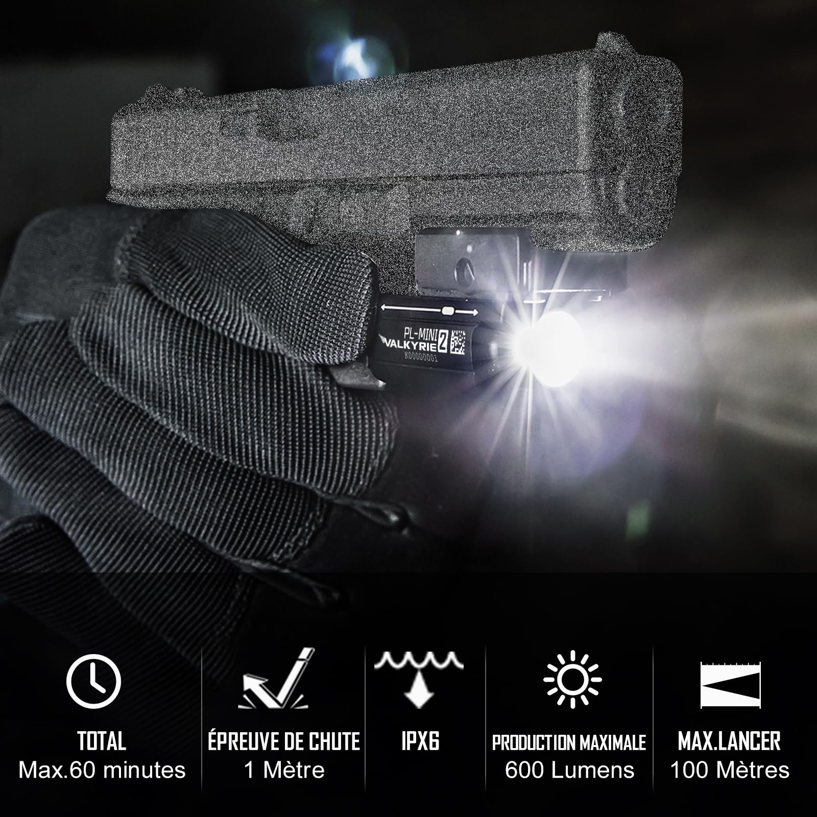OLIGHT PL-Mini 2 Valkyrie Lampe Tactique Réglable Chargeur Aimanté Puissante 600 Lumens pour Chasse Recherche Compatible avec Picatiny Et GL Noir