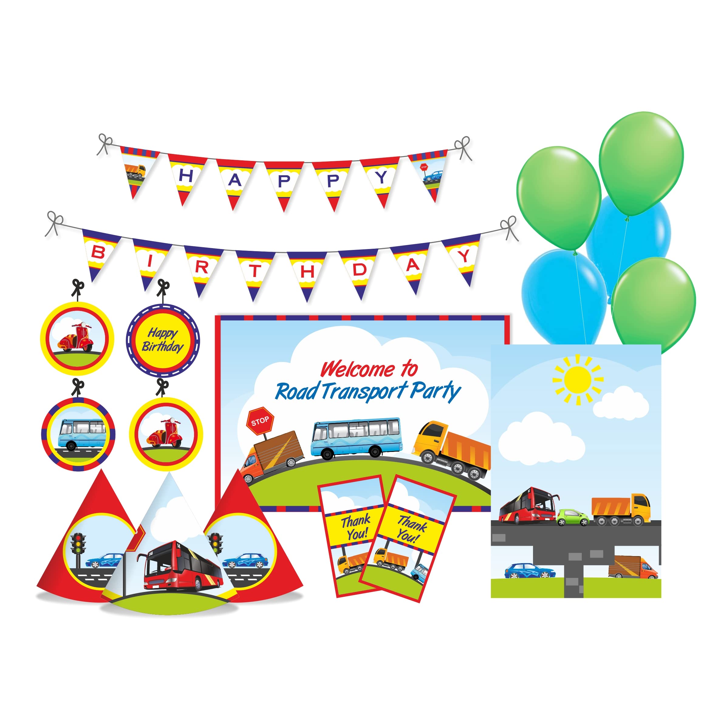 Pretty UR Party Transport Party decorations Kit - 80 pcs includes Banner, balloons, thank you, centerpiece, danglers, Transport Party Supplies, Transport Birthday Decor, DIY Décor Pack for kids, girls