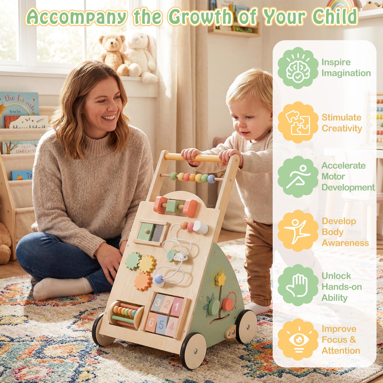FANTASK Passeggino in legno per bambini a partire da 1 anno, con tavola attiva, ruote e cestino, Centro attività Montessori, giocattolo per primi passi