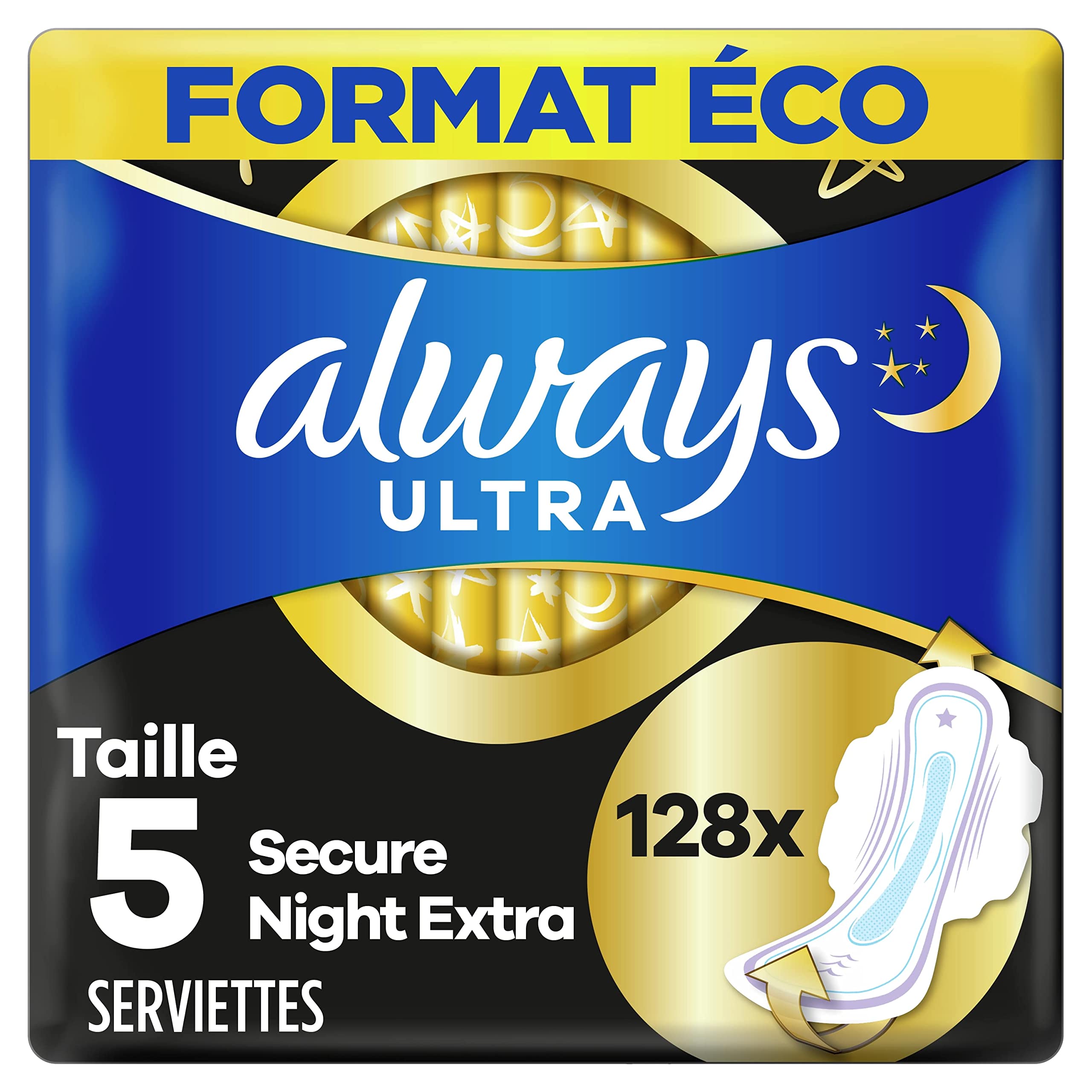 Always Ultra Damenbinden, Größe 5, Extra Secure Night, 128 Binden mit Flügeln, sehr reichlich fließende Nacht, Eco-Format, maximaler Komfort, super saugfähig und ultradünn