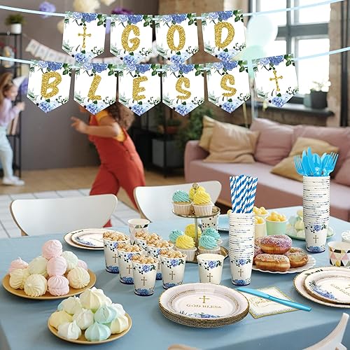Miniatura 6 de Zubebe 193 platos de bautismo y servilletas, suministros de fiesta, decoraciones de la primera comunión, incluyendo platos de papel desechables de