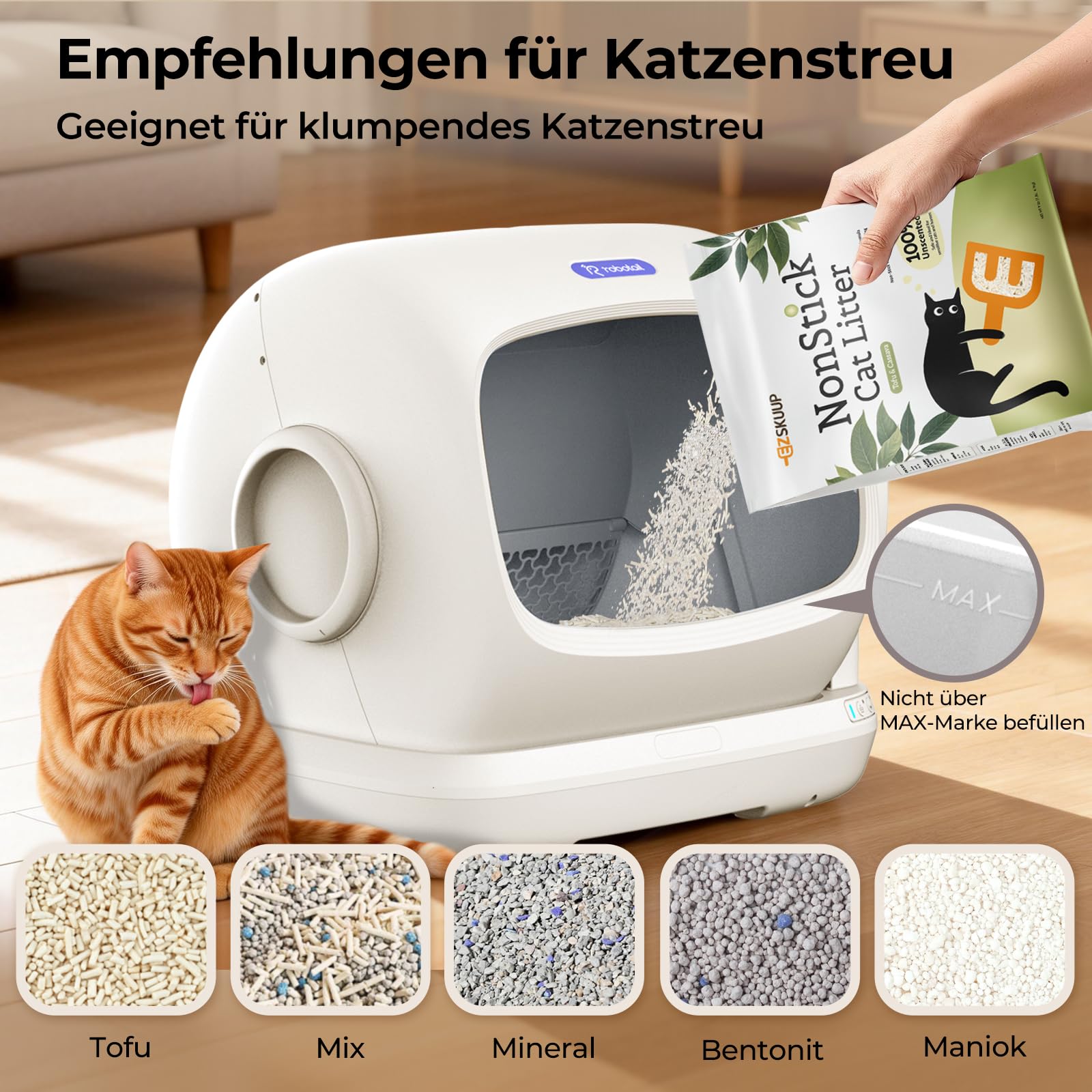 Robotail Selbstreinigende Katzentoilette Katzenklo Selbstreinigend, 106L XXXL Elektrisches Katzenklo für Große Katzen, Automatisches Katzenklo mit Weiter Öffnung, APP, Sensorsystem und Einklemmschutz