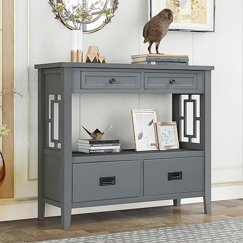 Miniatura 3 de Voohek Gris consola de entrada de 36 pulgadas con 4 cajones de almacenamiento y 1 estante para sala de estar pasillos vestíbulo pasillo de entrada