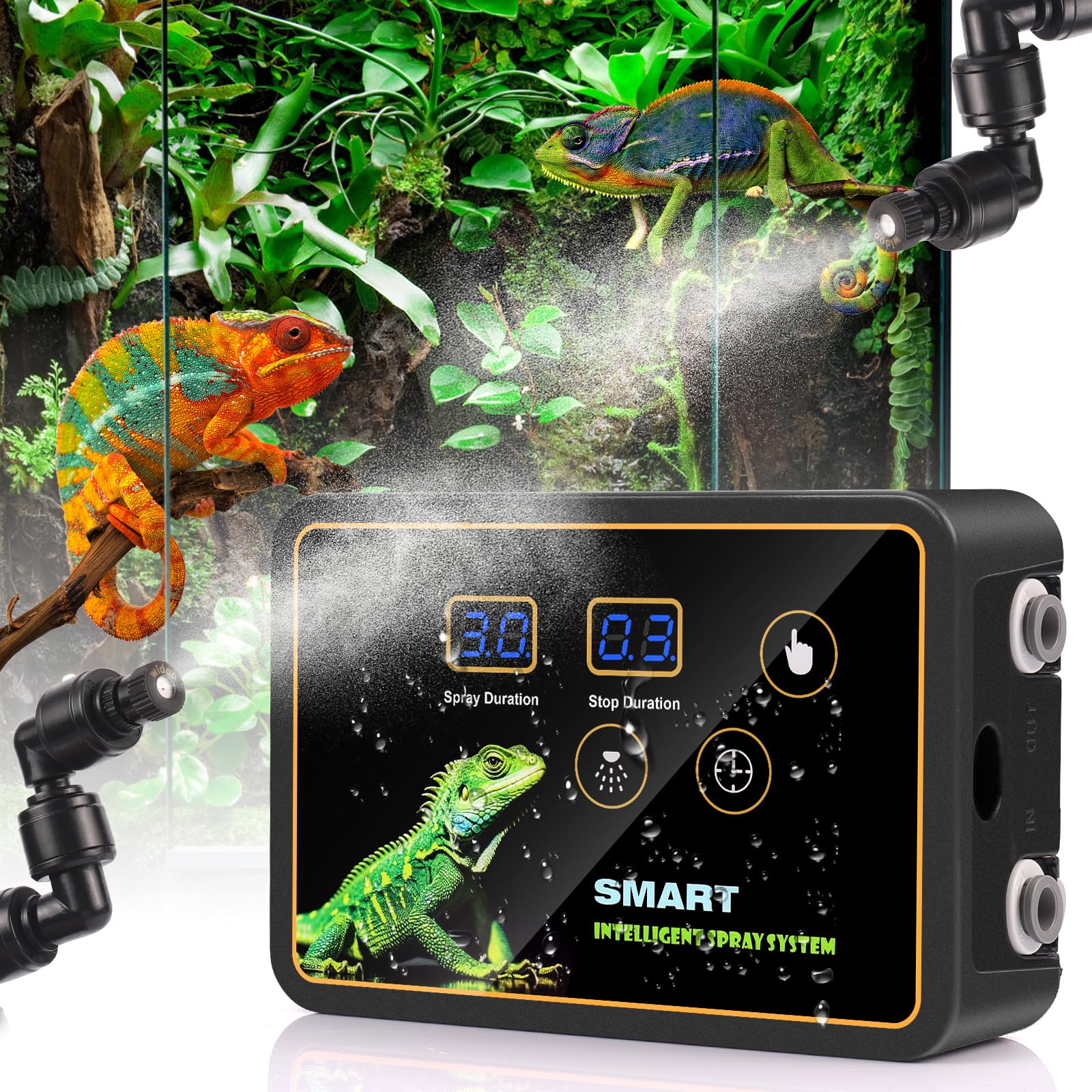 inteligentny system zraszania terrarium, nawilżacz powietrza z timerem i dyszami natryskowymi, regulacja 360°, nawilżacz powietrza, nebulizator do terrarium dla płazów, gadów, roślin