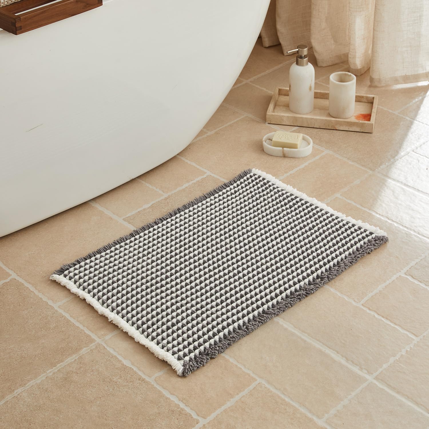 Triohero Waffle Bath Mat, Small Boho Bathroom Rugs Non Slip Washable, Ultra Soft Super Absorbent Quick Dry Farmhouse Bathroom Decor, 16" x 24", Grey &