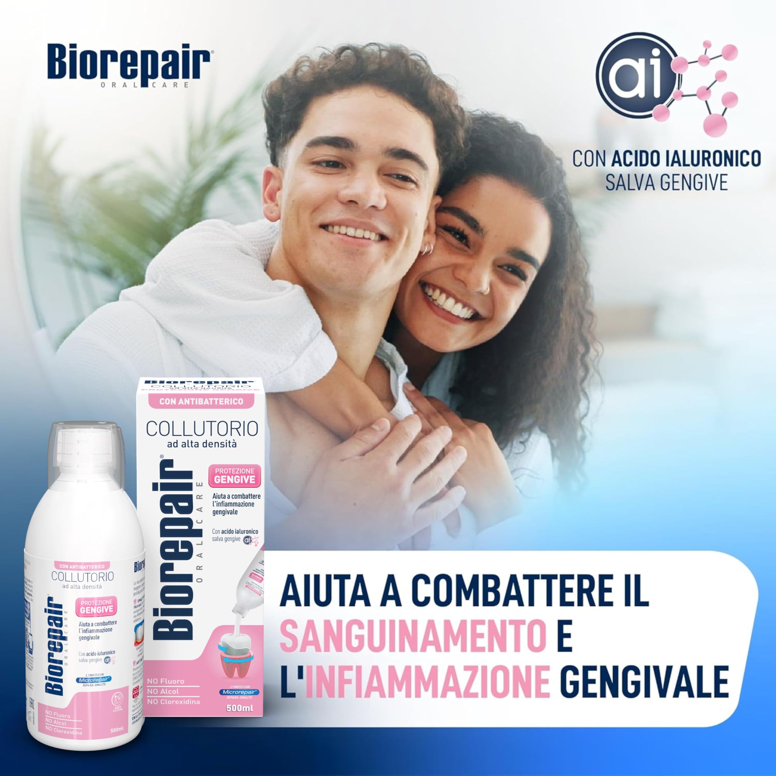 Biorepair, Collutorio ad Alta Densità Protezione Gengive, Aiuta a Combattere L'Infiammazione Gengivale, Con Acido Ialuronico, Microrepair, Zinco PCA, No Fluoro, Senza Alcol e Clorexidina, 6x500ml