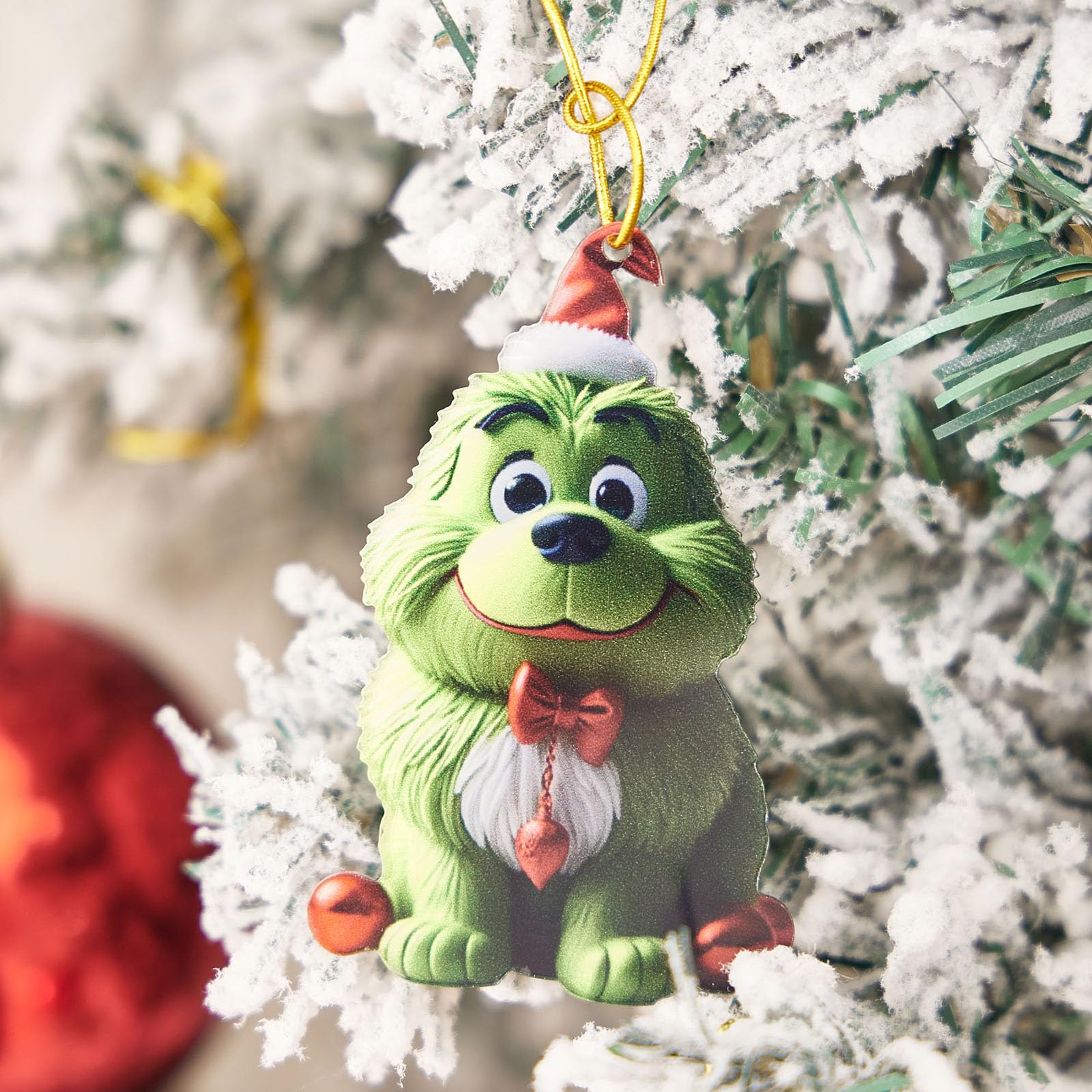 Geagodelia Hanging Christmas Tree Decorations Acrylic Plastic Green Fluffy Dog with Hat Small Christmas Ornaments Xmas Decor Pendant Cute Funny Backpack Car Hanging Accessories (Style A, 3inch)
