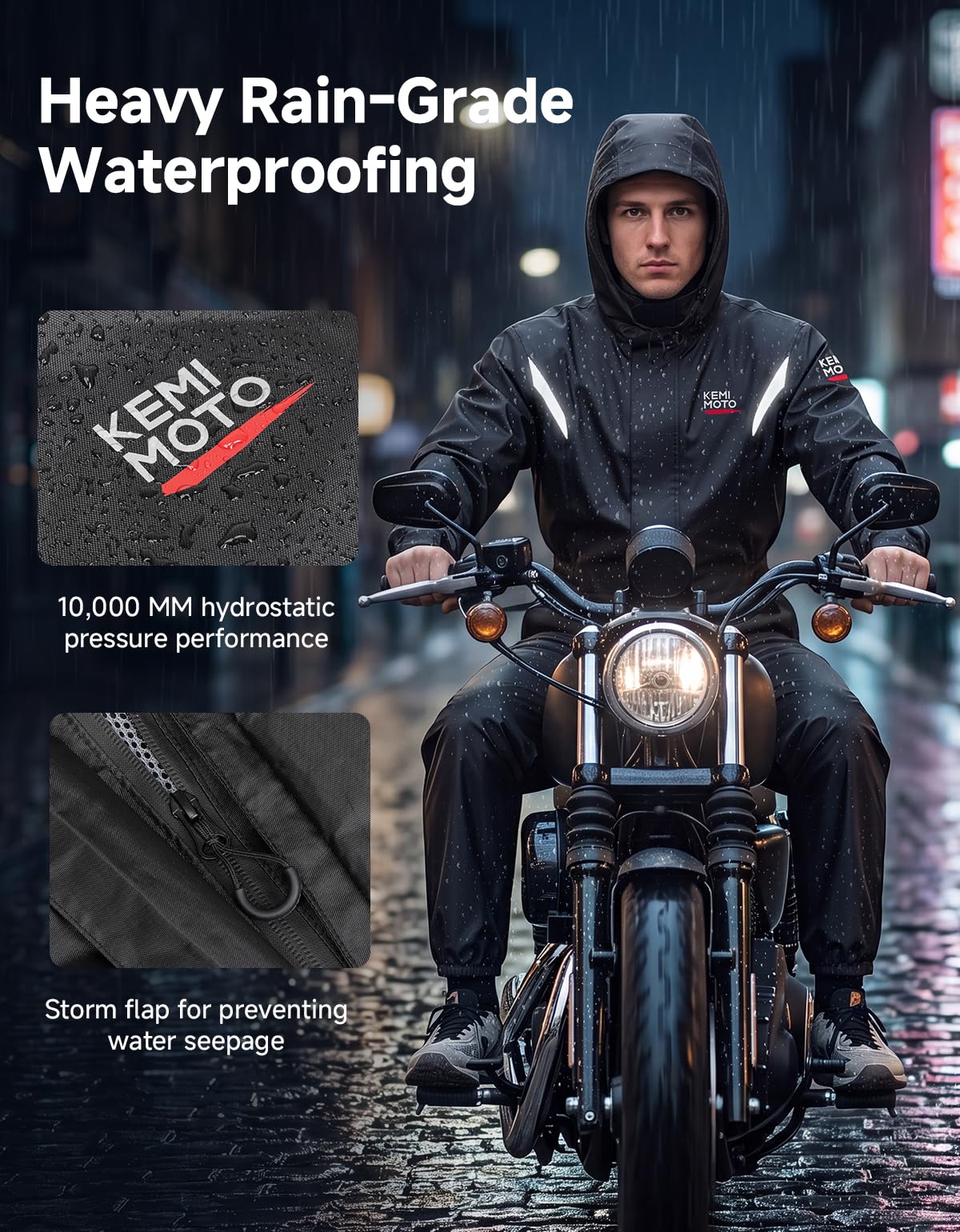 KEMIMOTO Motorrad Regenanzug für Herren, Wasserdicht Regenkombi, Atmungsaktiv Regenmantel, Reflektierende Elemente Regenbekleidung, Regenjacke für Camping, Wandern, Reisen, Radfahren