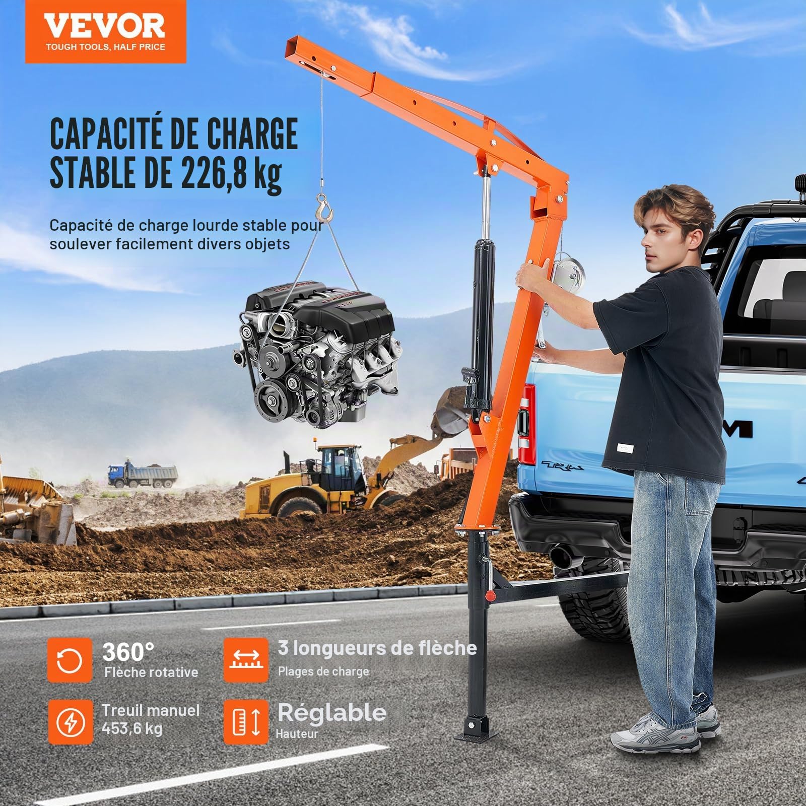 VEVOR Grue hydraulique pour camionnette, capacité de 227 kg, grue montée sur attelage, avec 3 capacités de flèche de 50 kg, 100 kg, 200 kg, pour le levage de marchandises dans la construction, l'usine