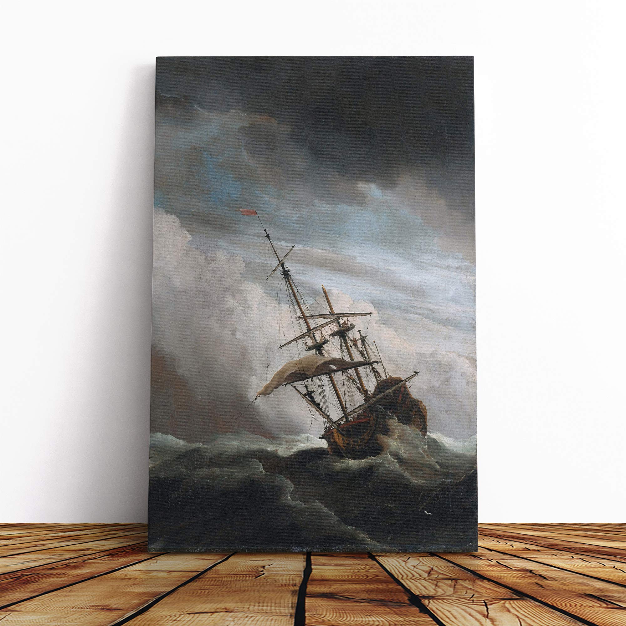Willem Van de Velde The Younger Raging Storm Ship Canvas Print | Gallery Wrapped 30mm Frame Wall Art | 20x14 inches | Ready to Hang | Modern Seascape Picture | Living Room Bedroom Lounge Office