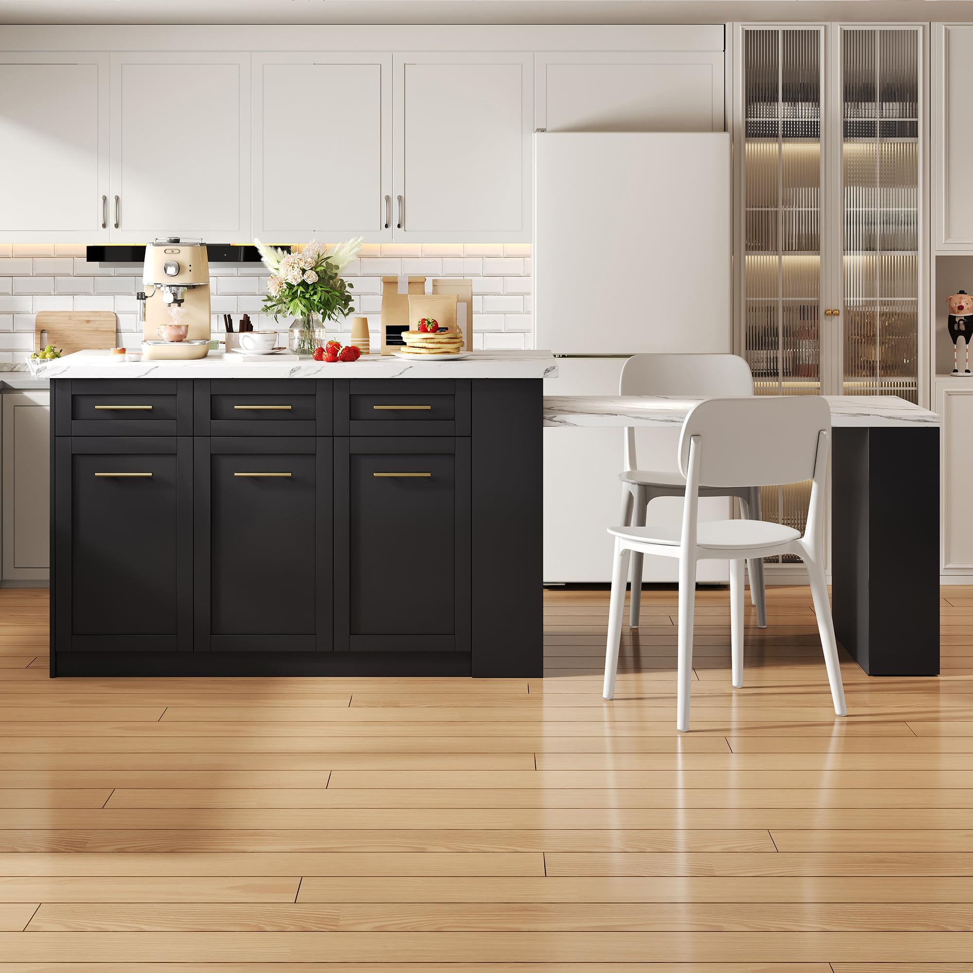 Kücheninsel mit Ausziehtisch 150+96cm, Freestanding Kitchen Island Kücheninseln mit Schwarz ausziehbarer Esstisch,Weiß marmorierte Holzarbeitsplatte/Tisch, mit Stauschränke für Familienküchen