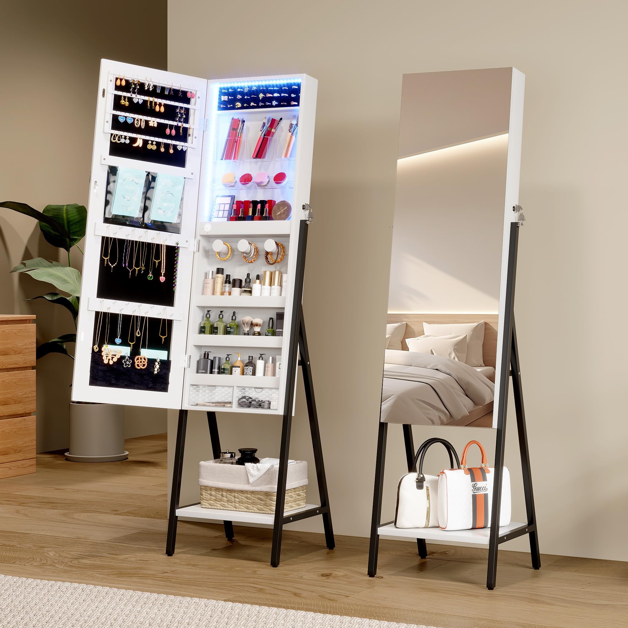 LVSOMT Schmuckschrank Stehend mit Beleuchtung, LED Schmuckschrank mit Spiegel, Schmuck Spiegelschrank Abschließbarer, 3 Farben Licht und Schmuckaufbewahrung, Unteres Regal, Geschenke für Damen, Weiß