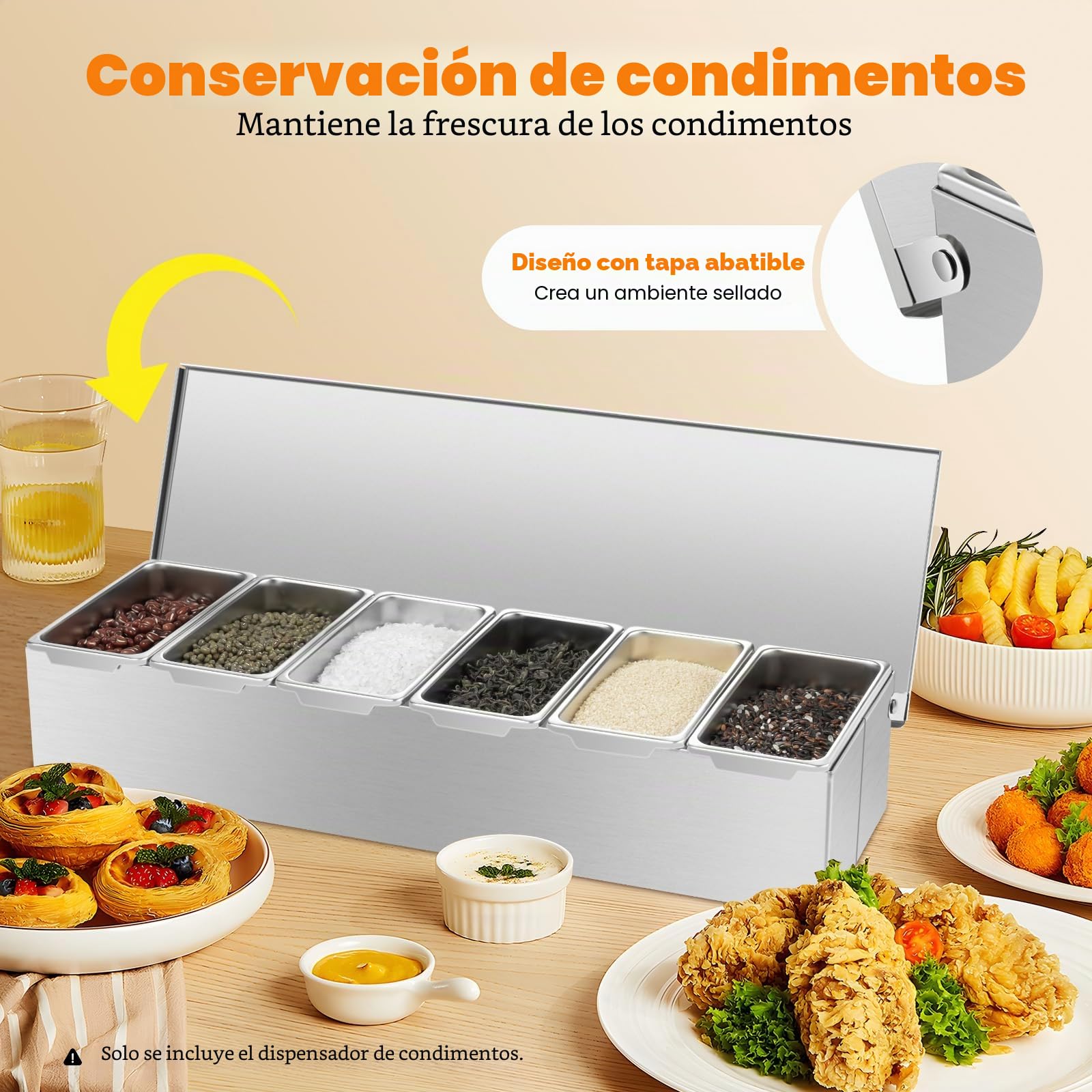 Contenedor para ingredientes de acero inoxidable, 6 compartimentos, con tapa, hermético, apilable, apto para lavavajillas, para gastro y cocina, buffet, ensalada, 46 x 15 x 9 cm