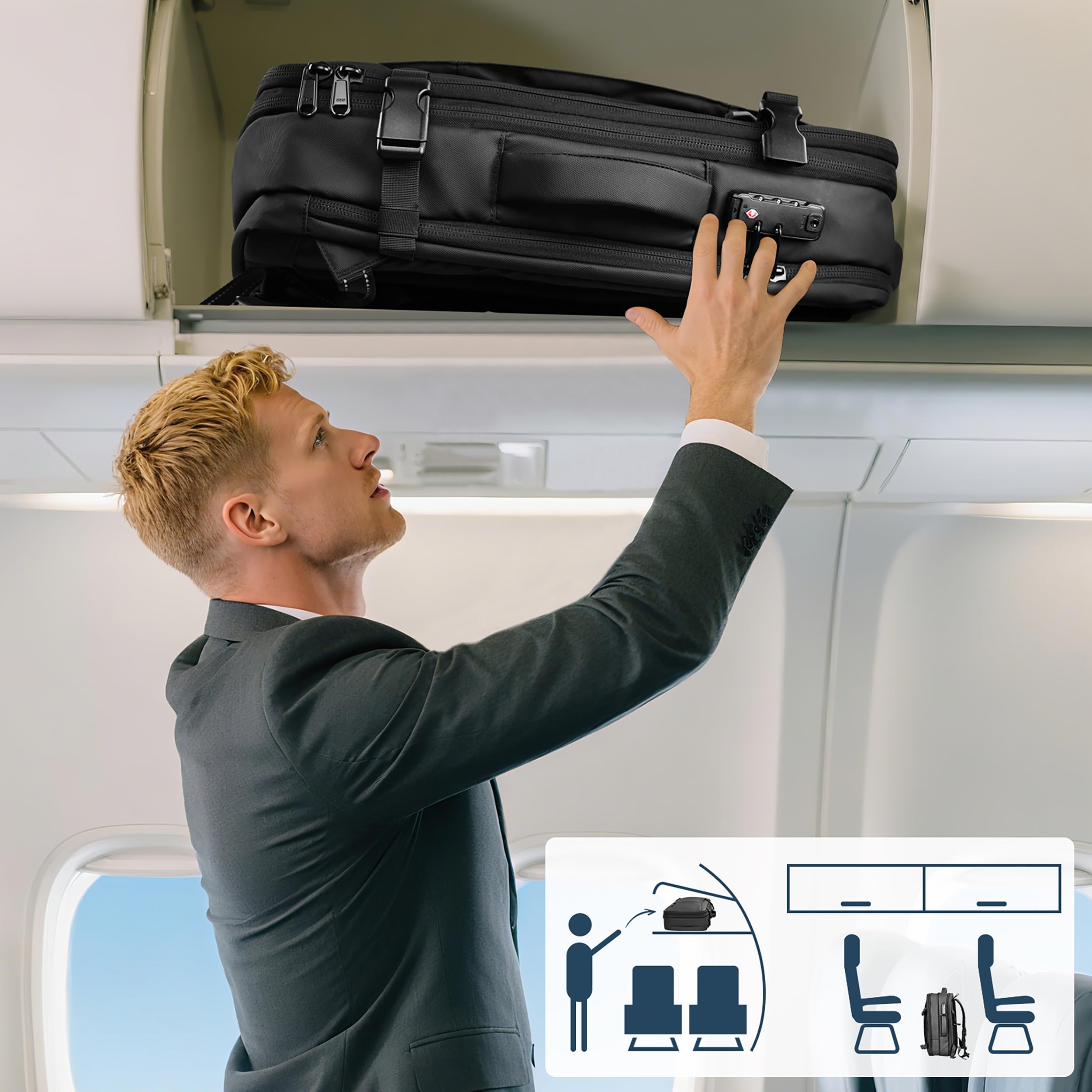 travel inspira Reiserucksack Handgepäck Flugzeug Vakuum Rucksack mit Pumpe | Erweiterbar von 45L auf 65L mit 17.3" Laptopfach TSA-Schloss 50% Platzsparend Vakuumbeutel Abnehmbar LED-Licht und SOS-Signal