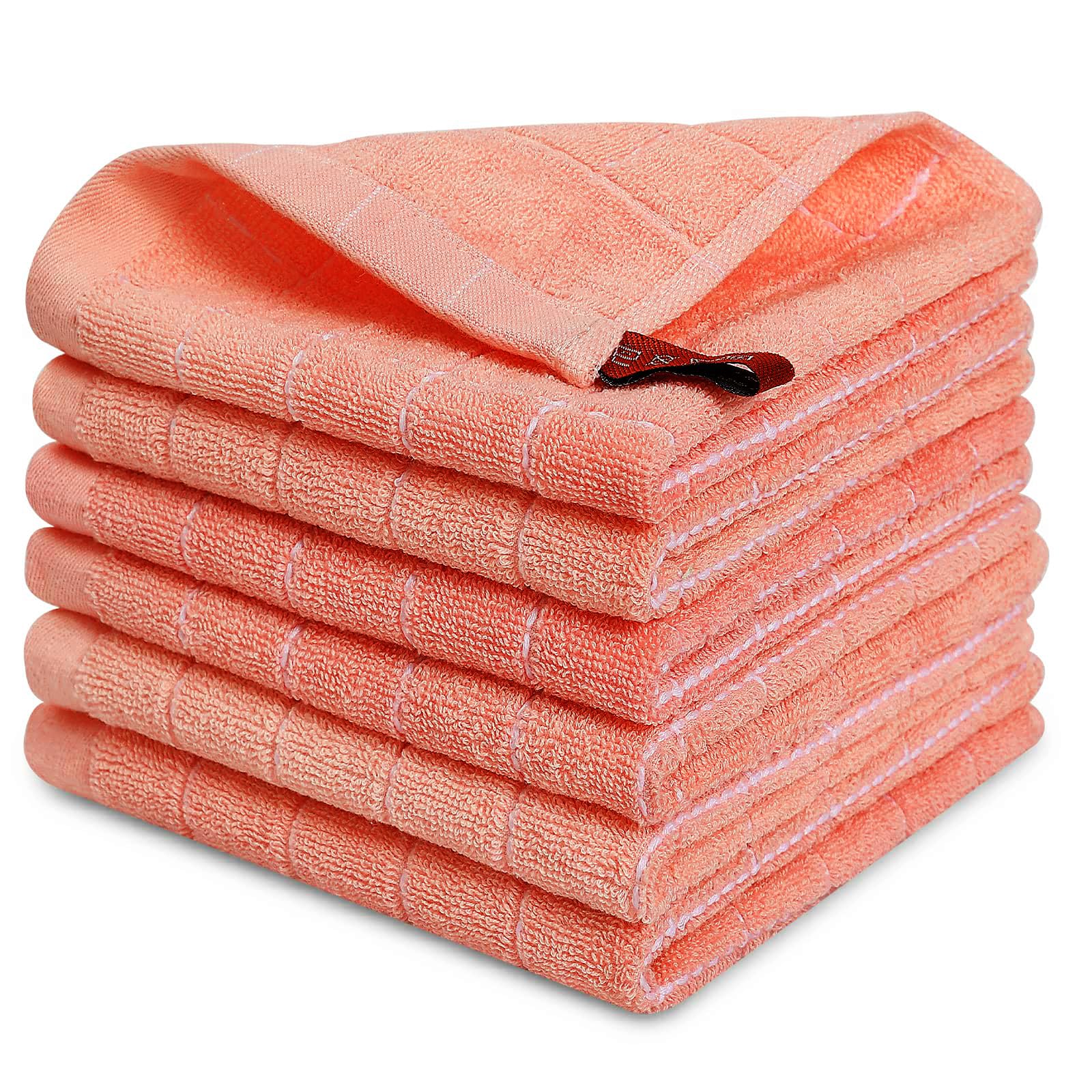 Homaxy 100% Cotton Terry Kitchen Dish Cloths, 6 Pack, Coral | Ultra Soft and Absorbent, Suitable for Drying and Washing Dishes