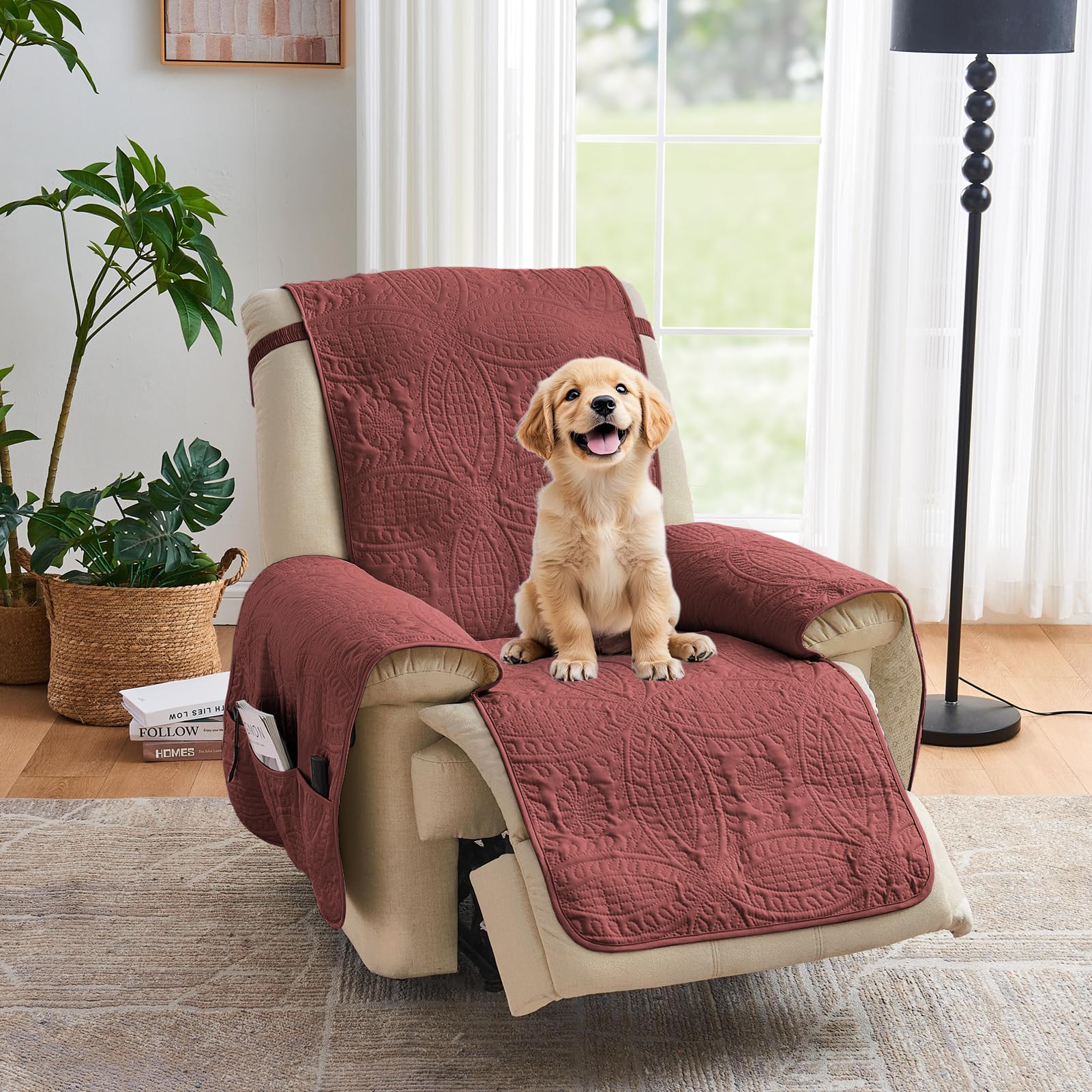 Large Quilted Recliner Chair Covers, Waterproof Red Chair Covers, Lazy Boy Chair Covers, Pet Friendly Recliner Slipcover for Dogs Cats, Washable Furniture Protector (Recliner 30", Red)