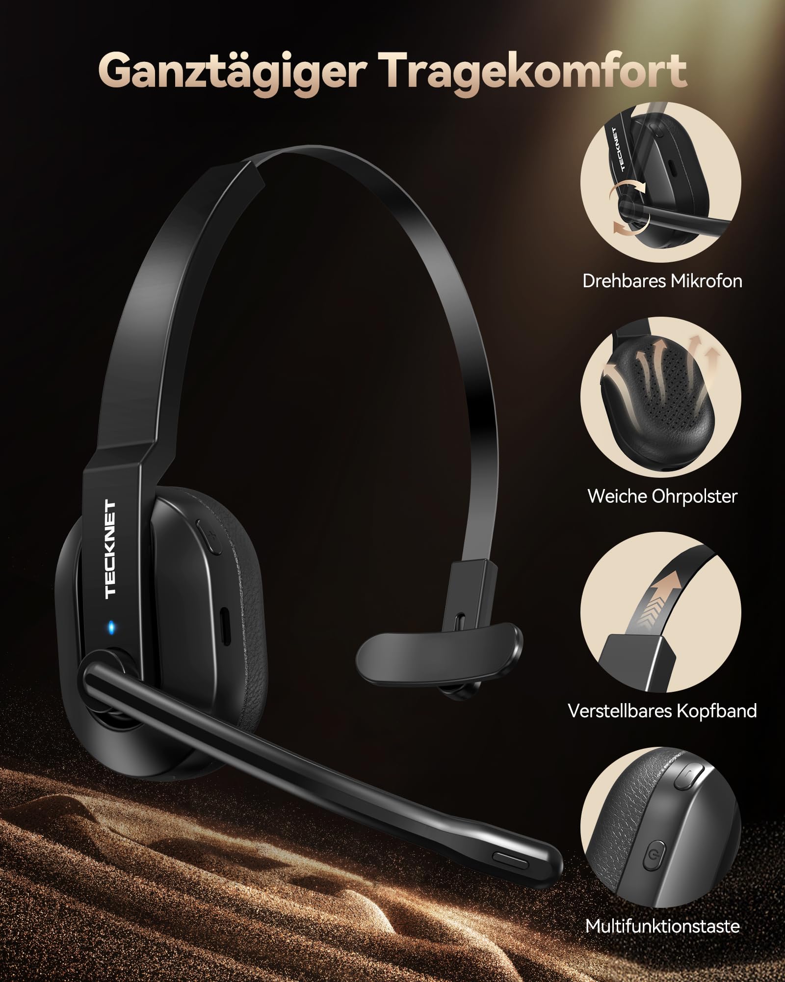 TECKNET V5.2 Bluetooth Headset mit Mikrofon, Wireless Headset mit Ladestation, MIC ENC Noise Cancelling kopfhörer, USB-Dongle, On-Ear Headset kabellos für Trucker/Callcenter/Büro – 60+ Std. Akku
