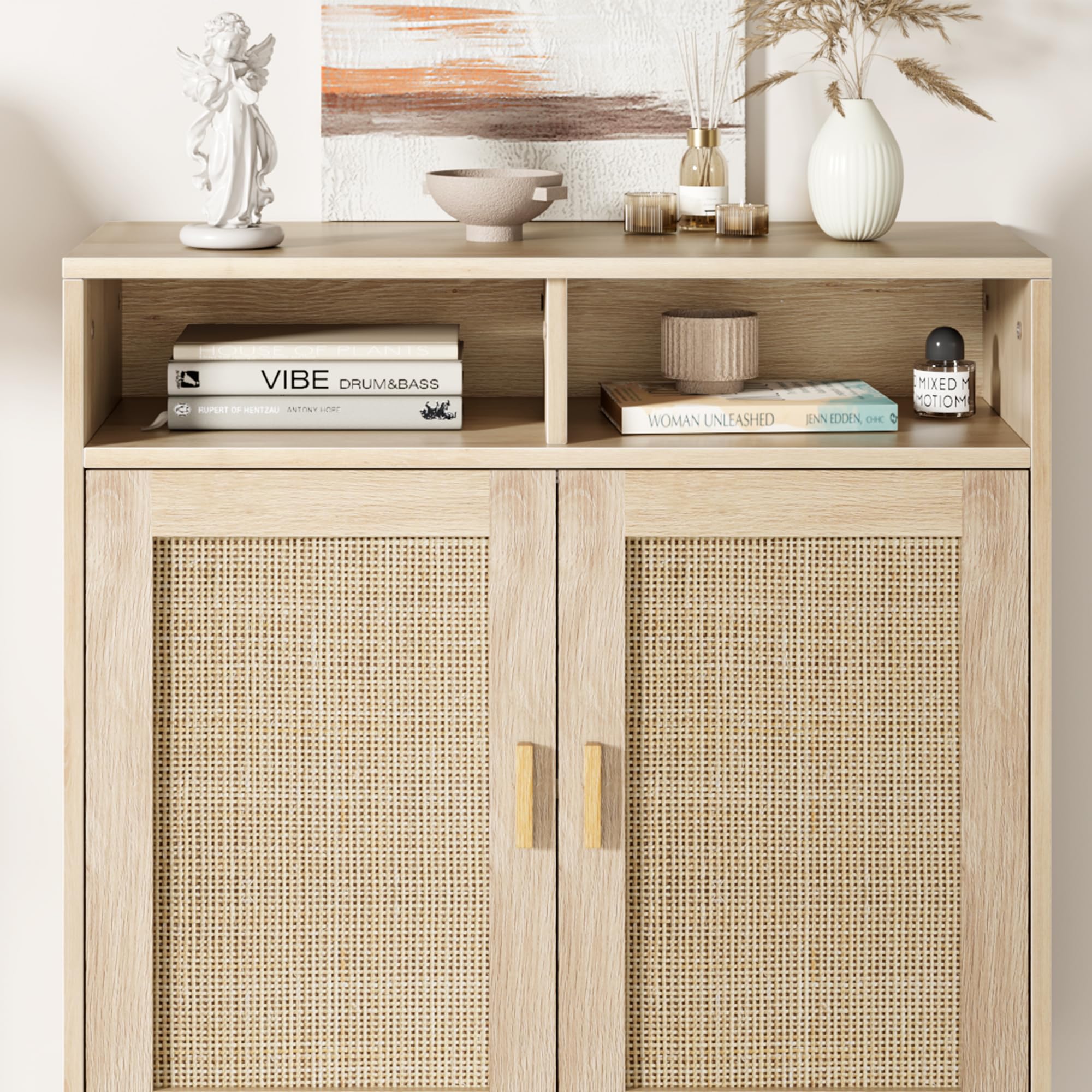 Credenza buffet moderna in rattan per cucina, soggiorno o ingresso – Ante e mensole aperte, ideale come mobile TV, coffee bar o armadio sala da pranzo, 36/63 pollici – Design compatto, Single