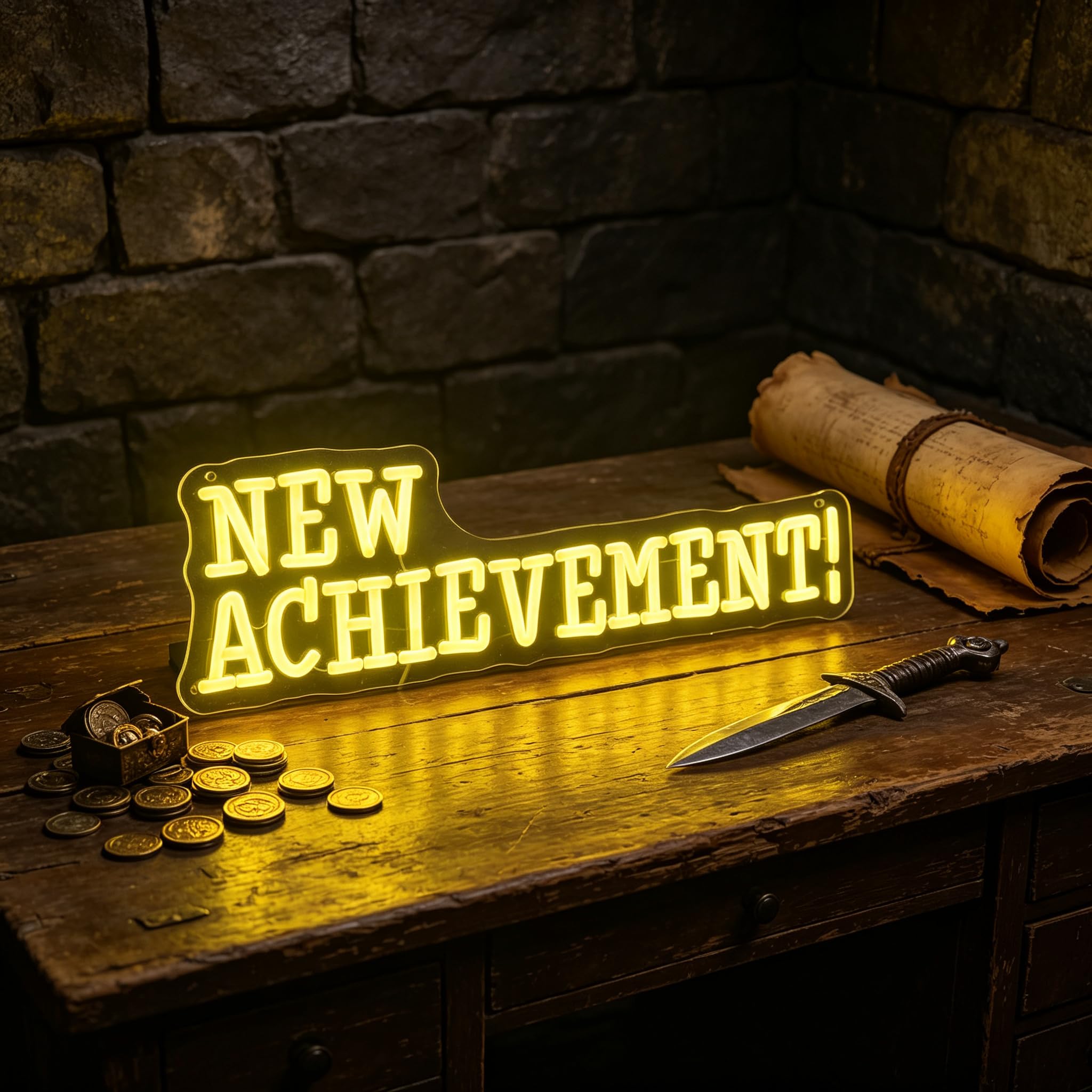 Targa al neon con scritta "NEW ACHIEVEMENT!", 45 x 15,2 cm, decorazione da parete a LED gialla, con retro in acrilico, alimentata tramite USB, per la stanza dei videogiochi, per la camera da letto e