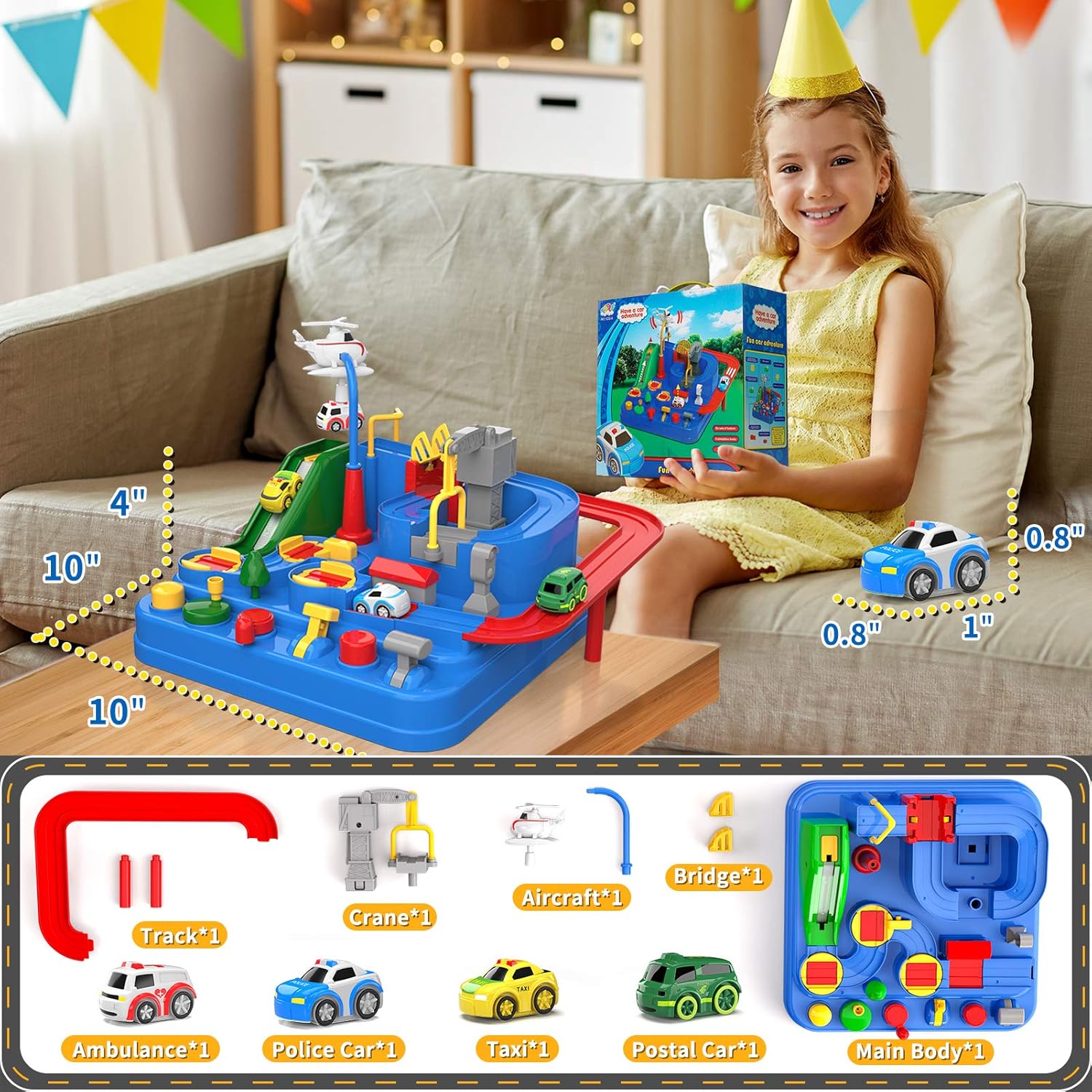 Lucky Doug Race Car Tracks for Boys, Car Rescue Adventure Toys with 4 Mini Car 6 Buttons for 2 3 4 5 6 Years Old Toddlers Boys Girls, Manually Operated Car Playset Education Toys for Kids Age 3+ : Toys & Games