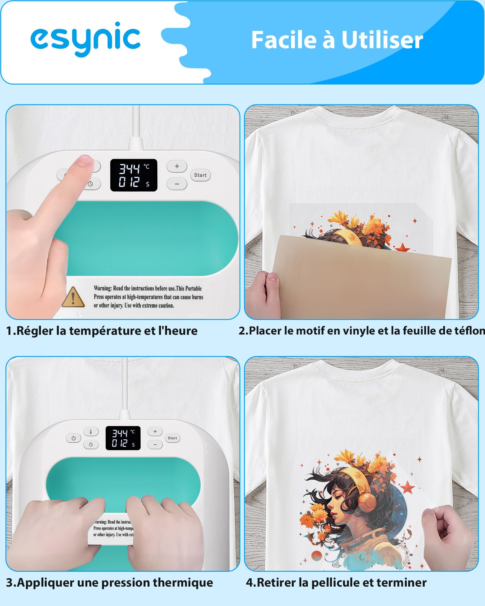 eSynic Presse à Chaud Textile 22,5cmx22,5cm Écran LED Arrêt Automatique | Température Durée Réglable, Température Max 205°C, Revêtement en Céramique, Utilisation DIY Textile T-Shirts Sacs Oreillers