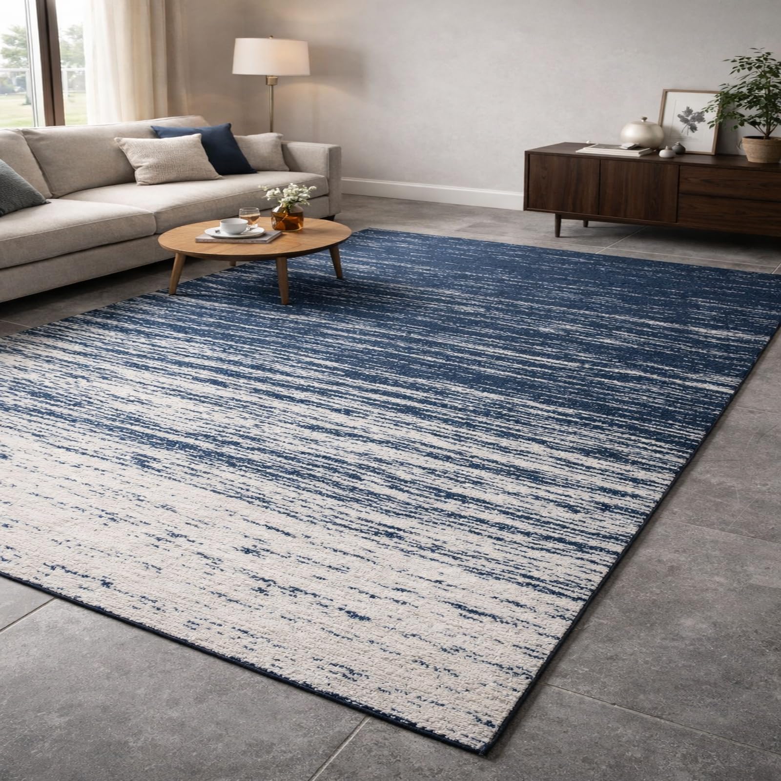 Tapis bleu marine et blanc 200x250 cm abstrait moderne pour grand salon et bureau