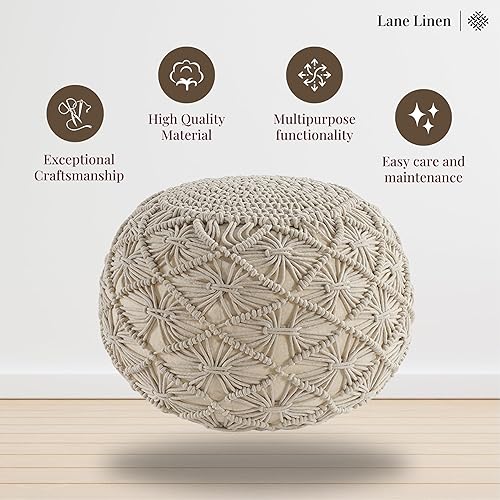 Miniatura 4 de LANE LINEN Puf otomano de macramé  Reposapiés grande tejido a mano para sofá, cordón 100% algodón, otomano para sala de estar, 20 pulgadas de