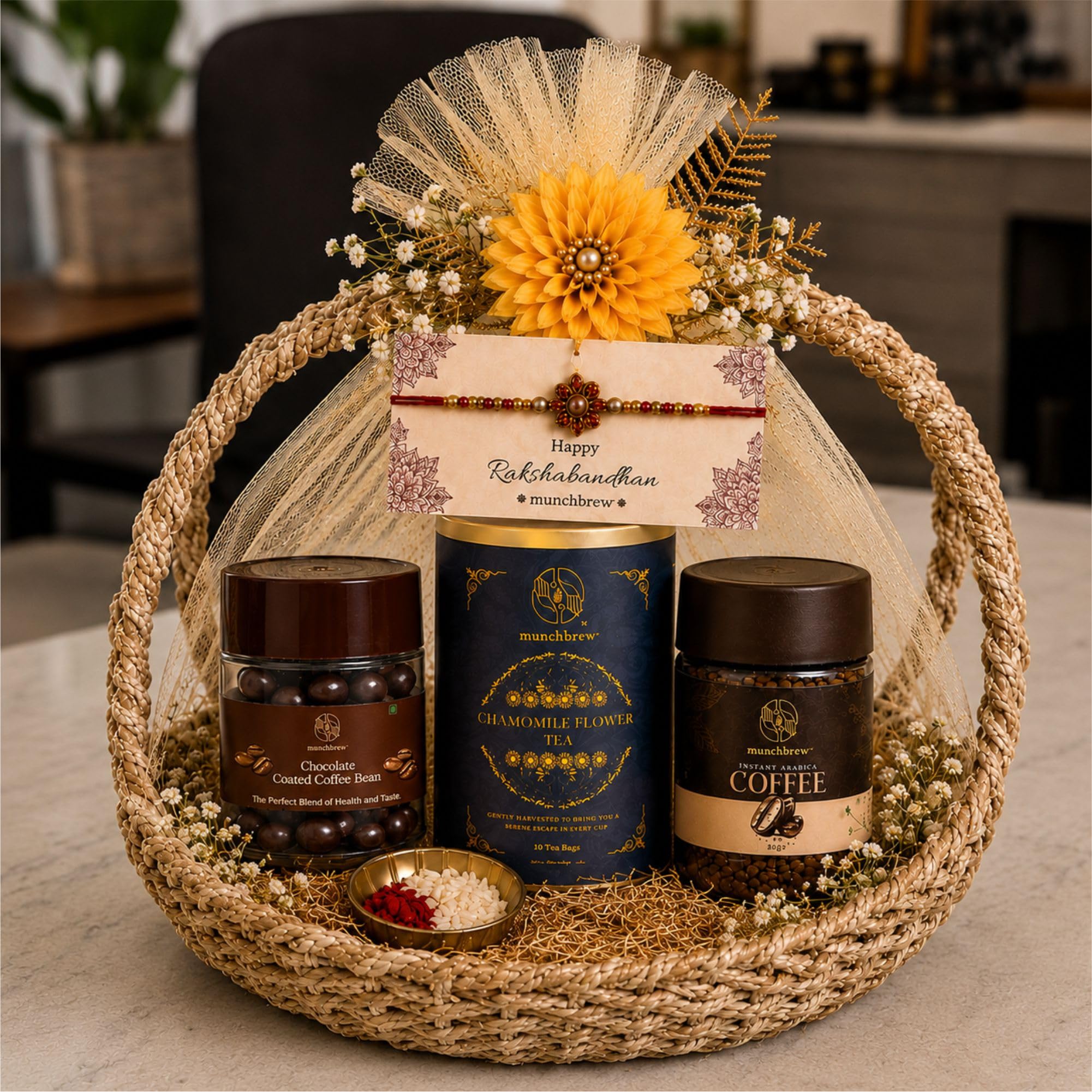 Munchbrew Rakhi Gift Combo | Instant Arabica Coffee 50g + Chamomile Flower Tea (10 Tea Bags) + Chocolate Coated Cashews + Rakhi | Premium Raksha Bandhan Gift Hamper for Brother & Sister-image-21