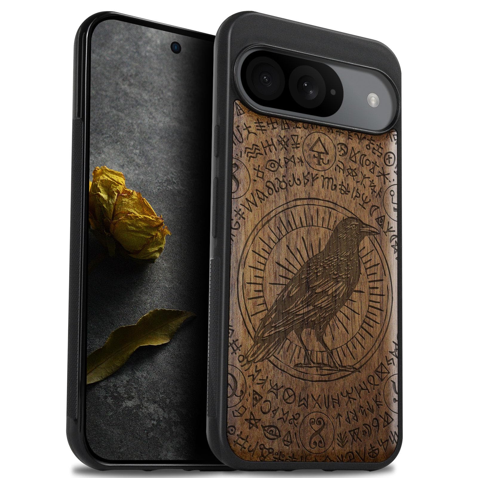 Carveit Wood Case for Pixel 9, Natural Walnut & Black TPU Shockproof Protective Cover, The Haloed Crow, Crow-Walnut