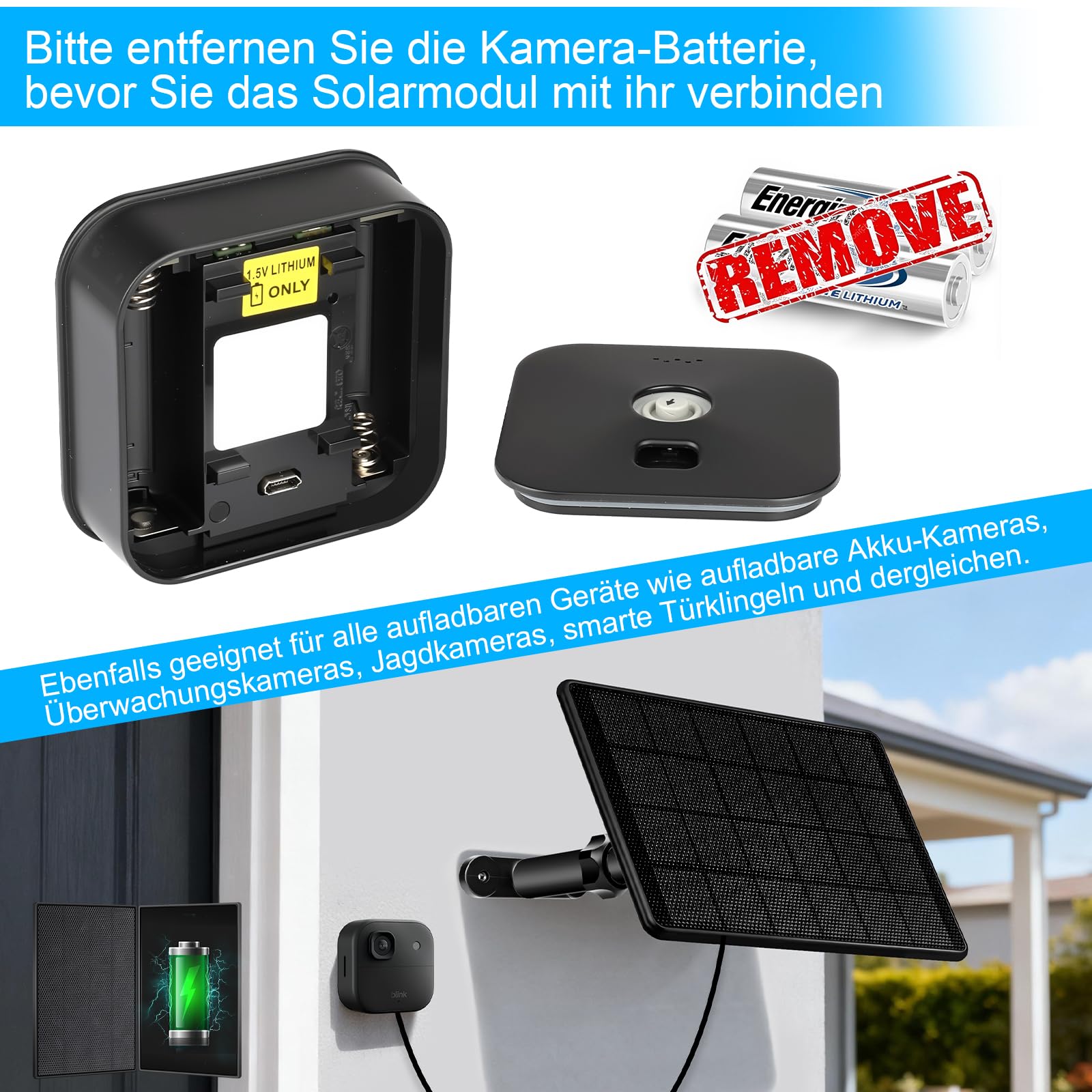 6W Solarpanel für Blink Kamera, Micro USB & USB C Input Solarmodul Kompatibel mit Blink Outdoor 4 (4. Gen)/(3. Gen) XT3/XT2/XT-Kameras, Biuld-In 2500 mAh Batterien, 9,8ft Ladekabel, IP65 Wasserdicht