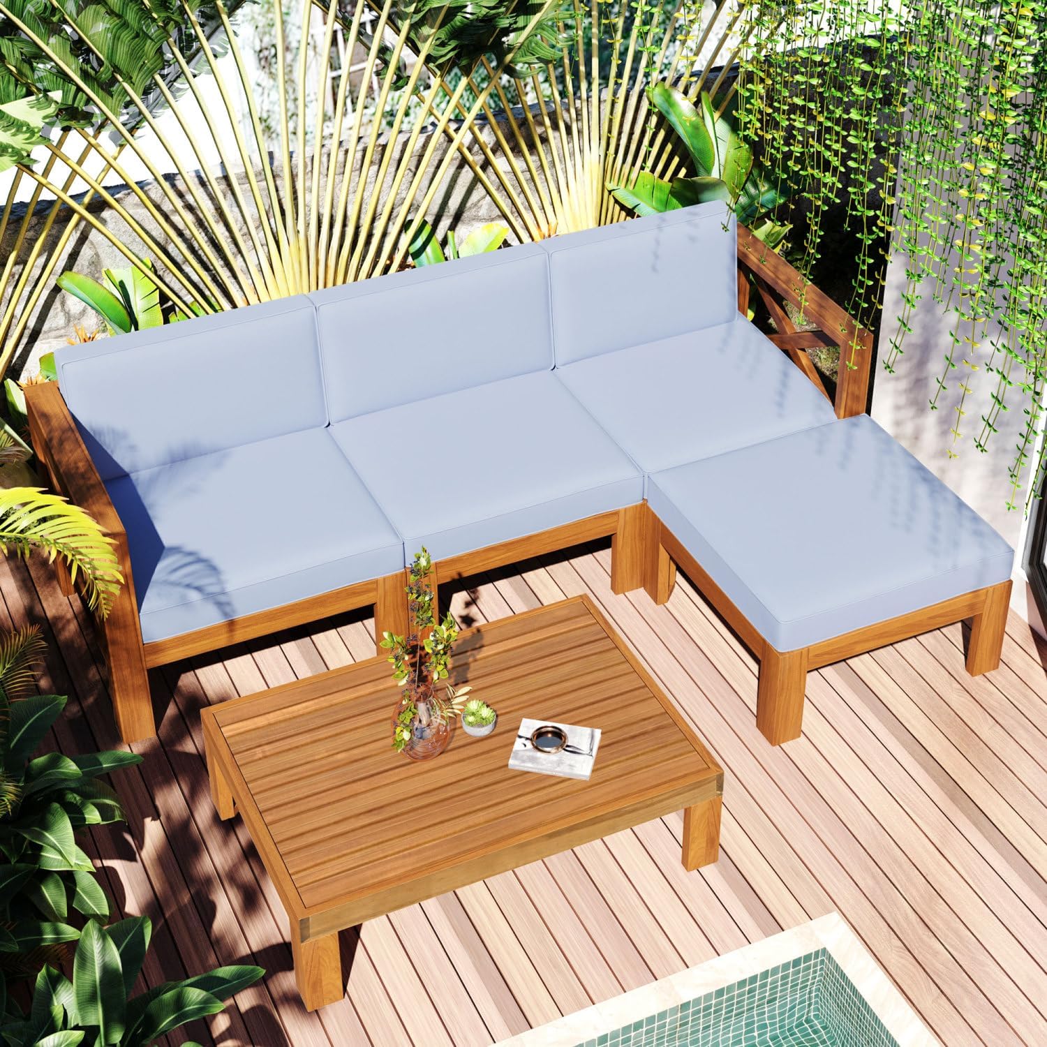Outdoor Backyard Patio Wood 5-Piece Sectional Sofa Seating Group Set with Cushions Gray Weather-Resistant Corner Design Outdoor-Ready