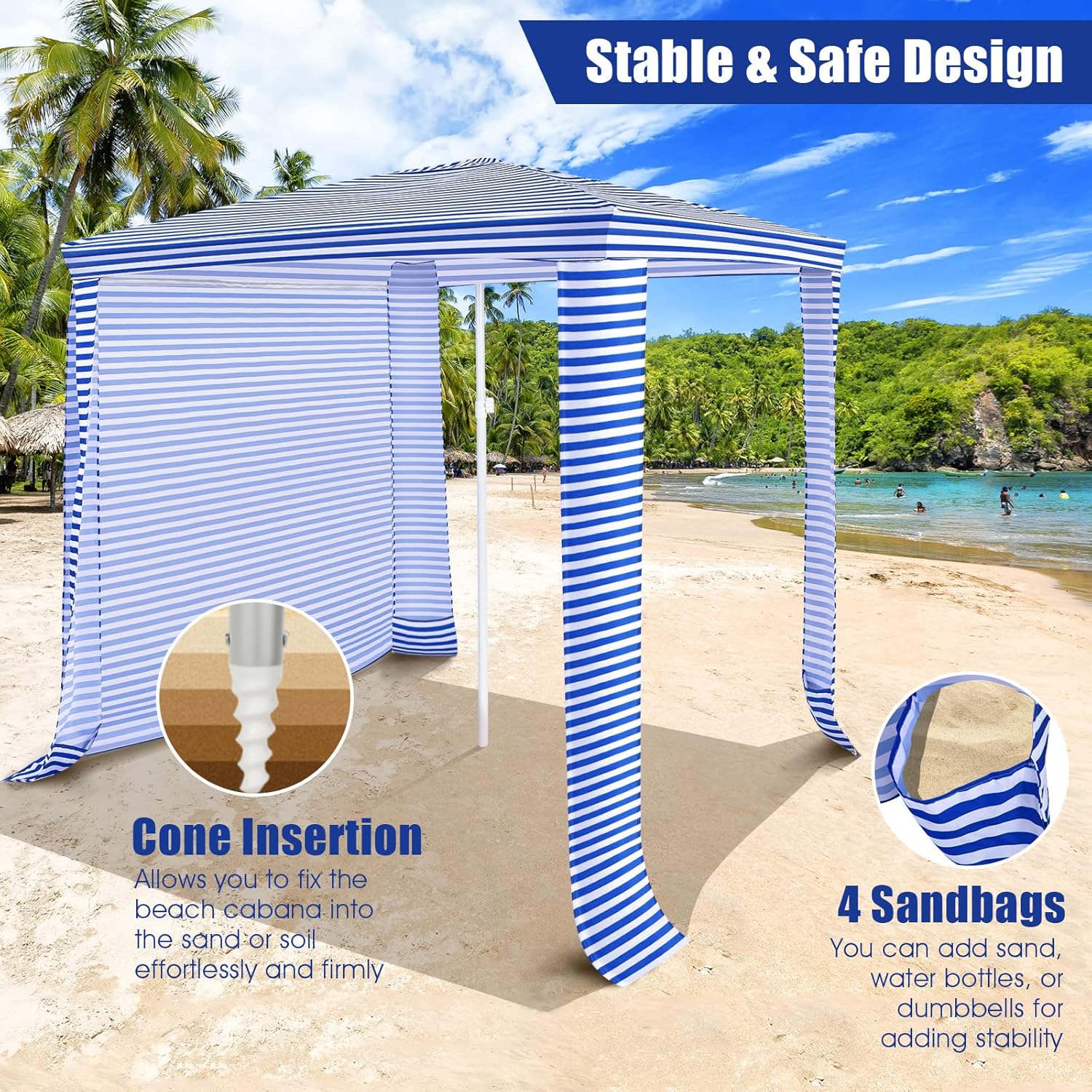 GYMAX Beach Cabana, 6.7 FT x 6.8 FT Height Adjustable Beach Umbrella with Detachable Sidewall & Carry Bag, Portable Easy to Set up Beach Canopy Tent for Outdoor Poolside Patio
