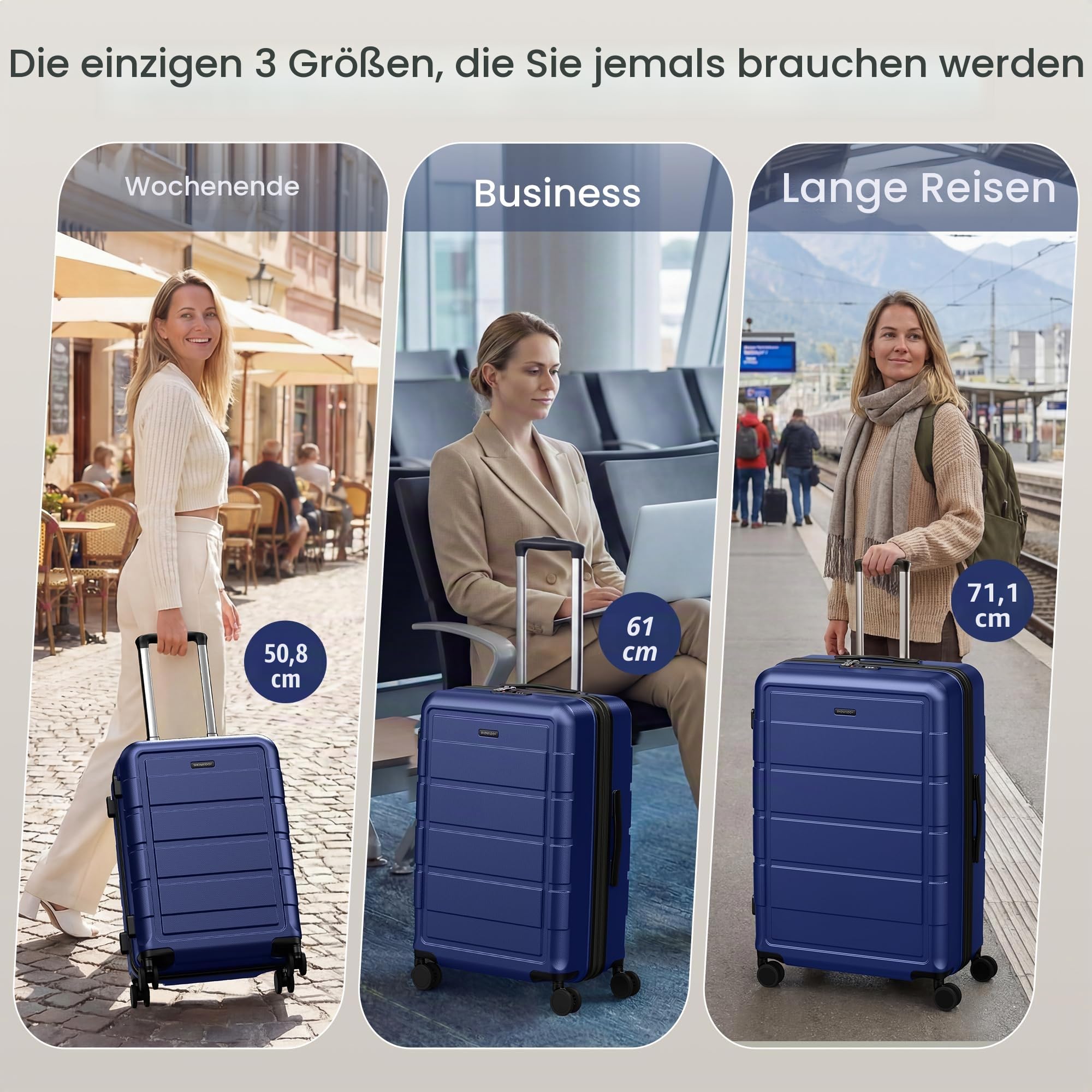 SHOWKOO Kofferset 3 Teilig Hartschale Leicht ABS+PC Erweiterbar Reisekoffer Haltbar Trolley Handgepäck Sets mit TSA Schloss und 4 Rollen (M L XL -Blau)