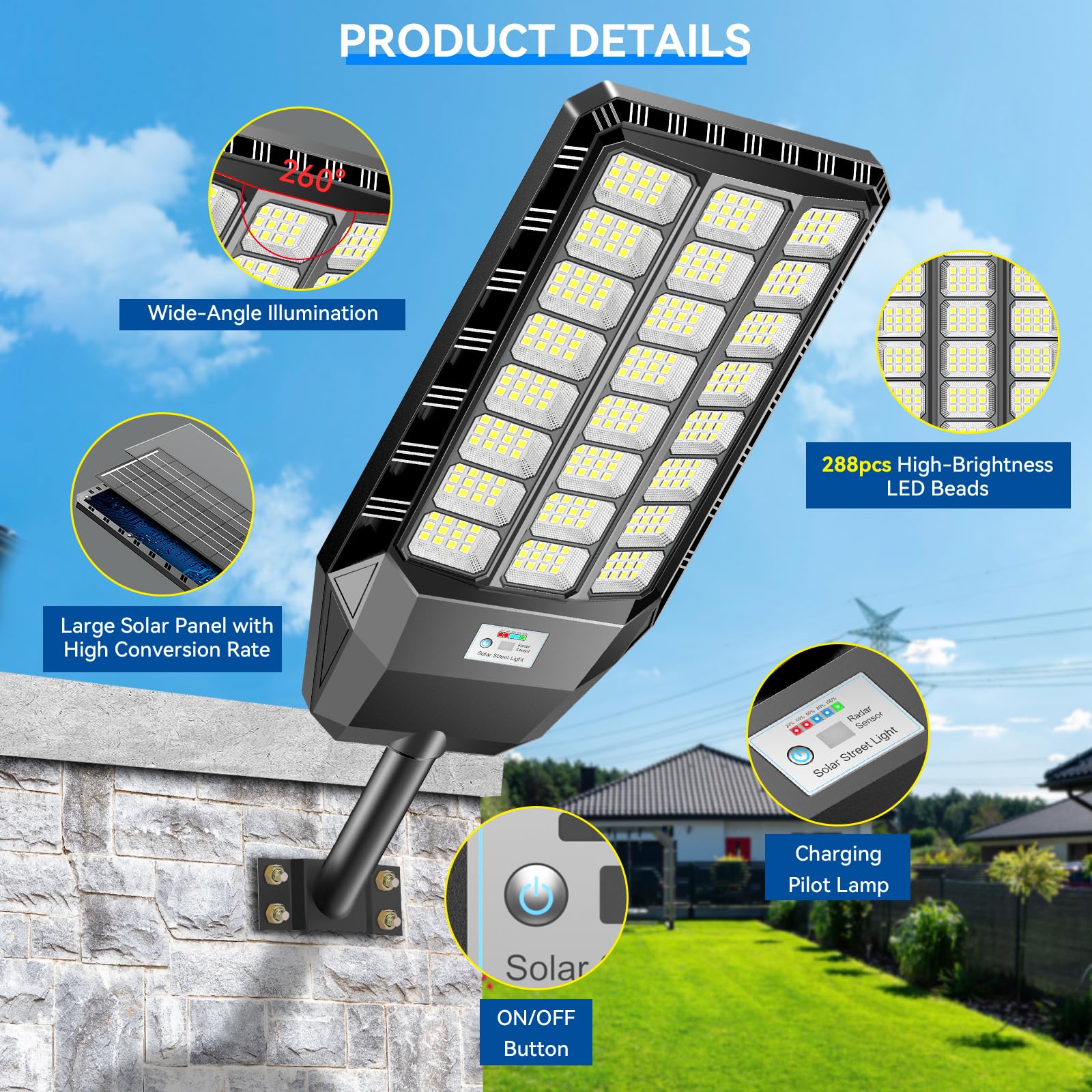 Adewalk 5000W Lampione Solare Led Esterno con Telecomando, IP66 Impermeabile Lampada Stradale Solare con Sensore di Movimento, 6500K Super Bright Lampioni da Giardino Esterno Solari per Garage Strada