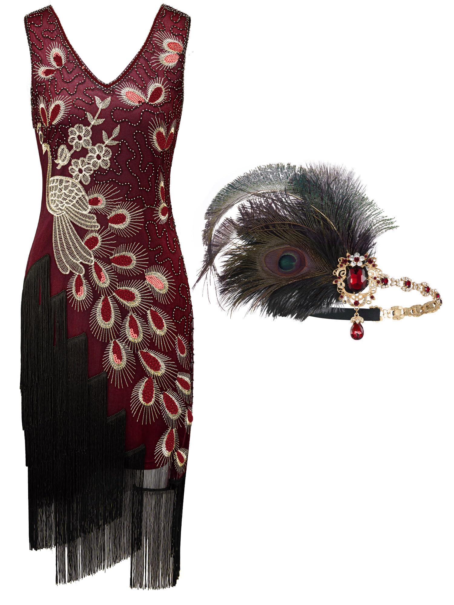 SWEETV YESSA 1920s Vintage Peacock Flapper Dresses Sequin Fringed Gatsby Dress with Headband