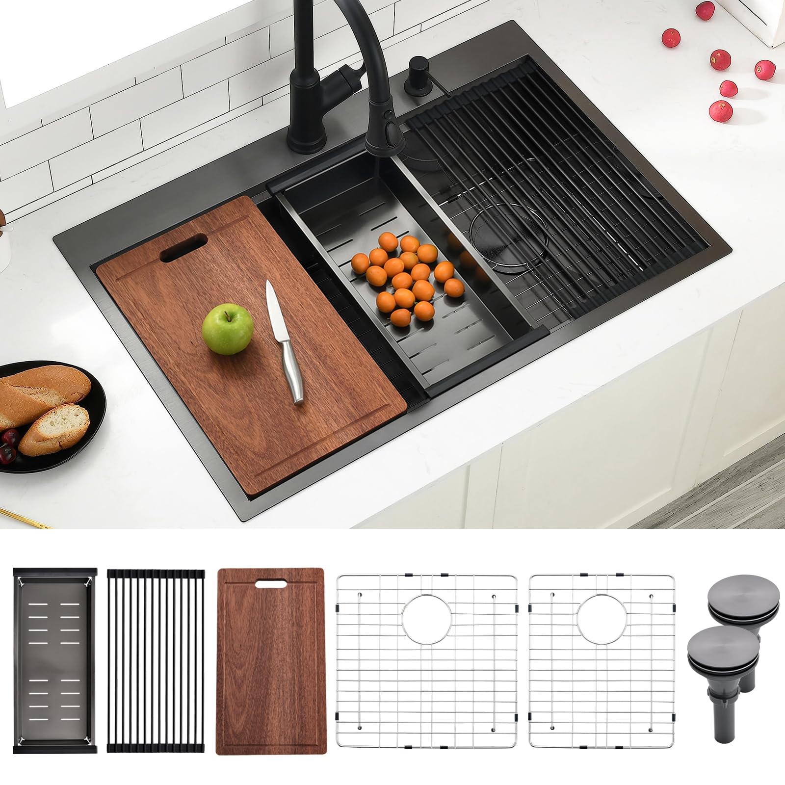Évier de cuisine double cuve 60/40 en inox noir 83 cm résistant aux rayures