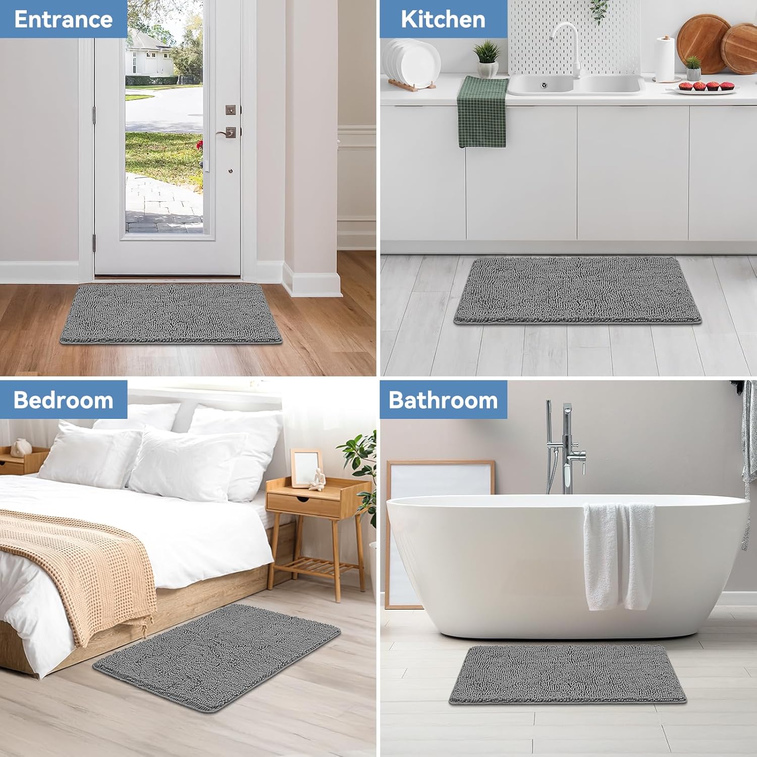 Bcoimo 36x24 Chenille Bath Mat – Non-Slip with Backing Bath Rug Ultra-Absorbent and Machine Washable Bathroom Mat Quick-Dry Design. Ideal for Bathroom Shower and Tub Areas