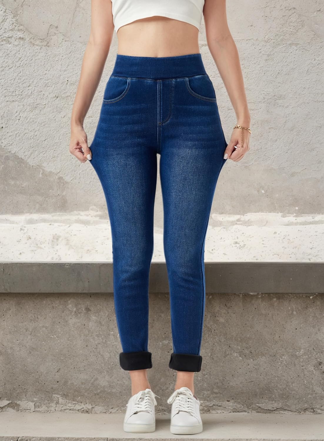 heipeiwa Women's Fleece Lined Jeans Winter Jeggings Thermal Flannel Lined Tummy Control High Waisted Pull on Skinny Jeans - Image 3