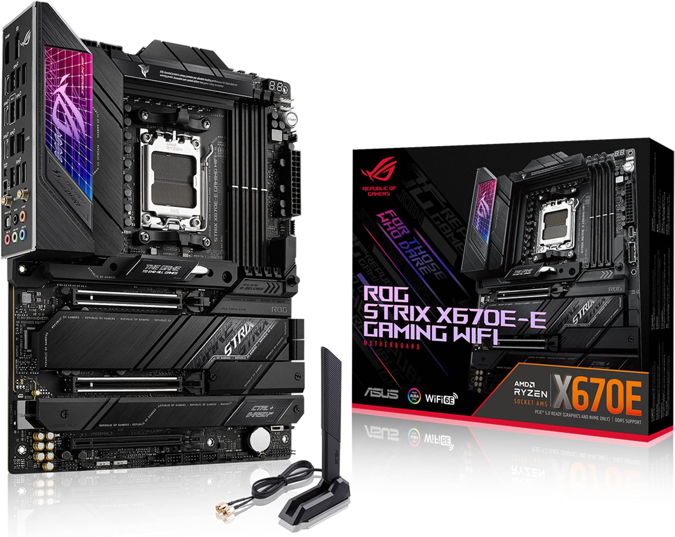 ASUS ROG Strix X670E-E Gaming WiFi AMD Ryzen AM5 ATX motherboard, 18+2 power stages, DDR5 support, four M.2 slots with heatsinks, PCIe 5.0, USB 3.2 Gen 2x2, WiFi 6E, AI Cooling II, and Aura Sync