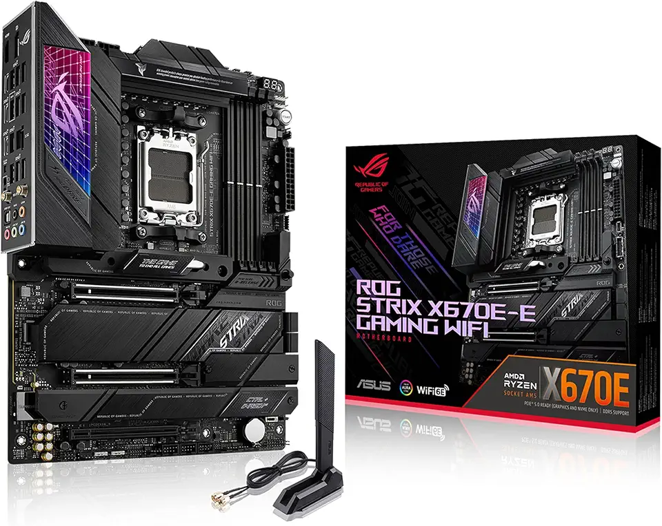 ASUS ROG Strix X670E-E Gaming WiFi 6E Socket AM5, LGA 1718, Ryzen 7000 ATX Placa-mãe para jogos, 18+2 estágios de energia, PCIe 5.0, DDR, 4xM.2 Slots, USB 3.2 Gen 2x2, WiFi 6E, PCIe Slot Q-Release -