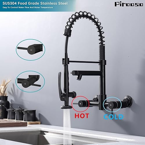 Miniatura 6 de Grifo de montaje en pared de cocina, grifo de montaje en pared central de 8 pulgadas con pulverizador de preenjuague y relleno de olla, grifo de