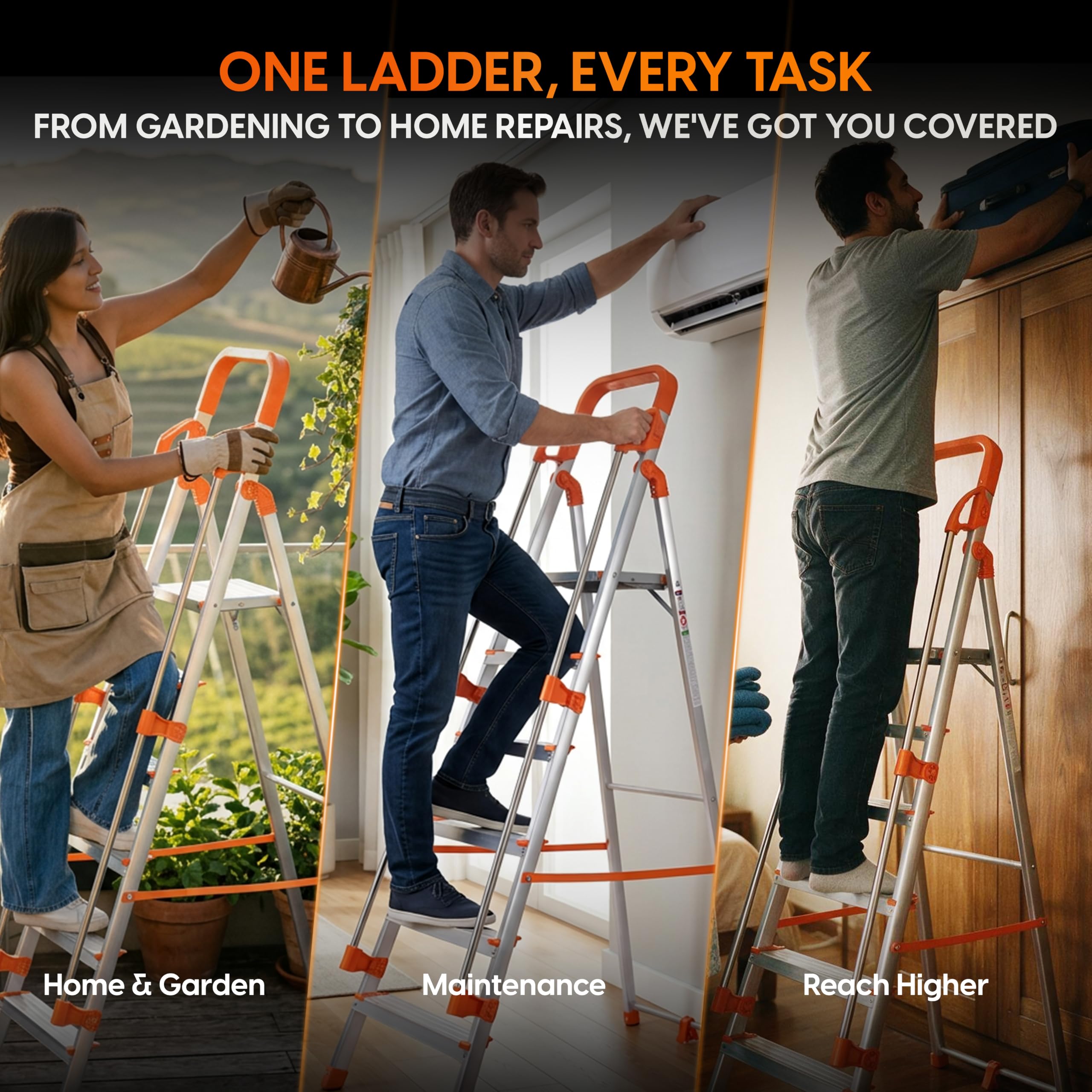 HOUZA Aluminium Ladder for Home 6 Steps Foldable with Railing & Anti-Skid Wide Steps | 6 Step Ladder for Home Use, Kitchen & Household | 250 Kg Load Capacity Folding Ladder | 5 Year Warranty (Orange) — Amazon image 7