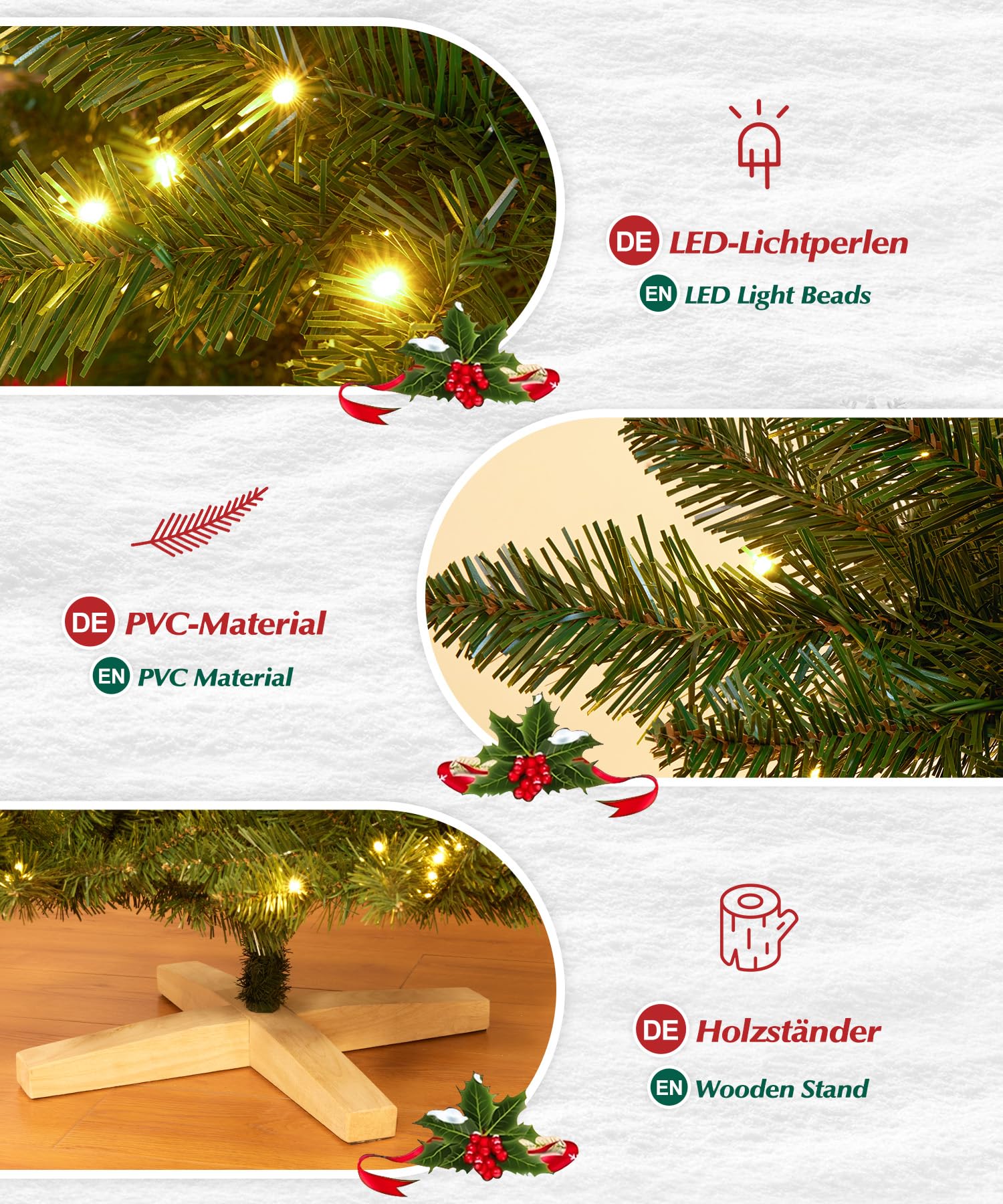 Yorbay Sapin de Noël artificiel avec éclairage LED : sapin en PVC artificiel avec support en bois pour décoration de Noël, idéal pour une ambiance festive (150 cm)