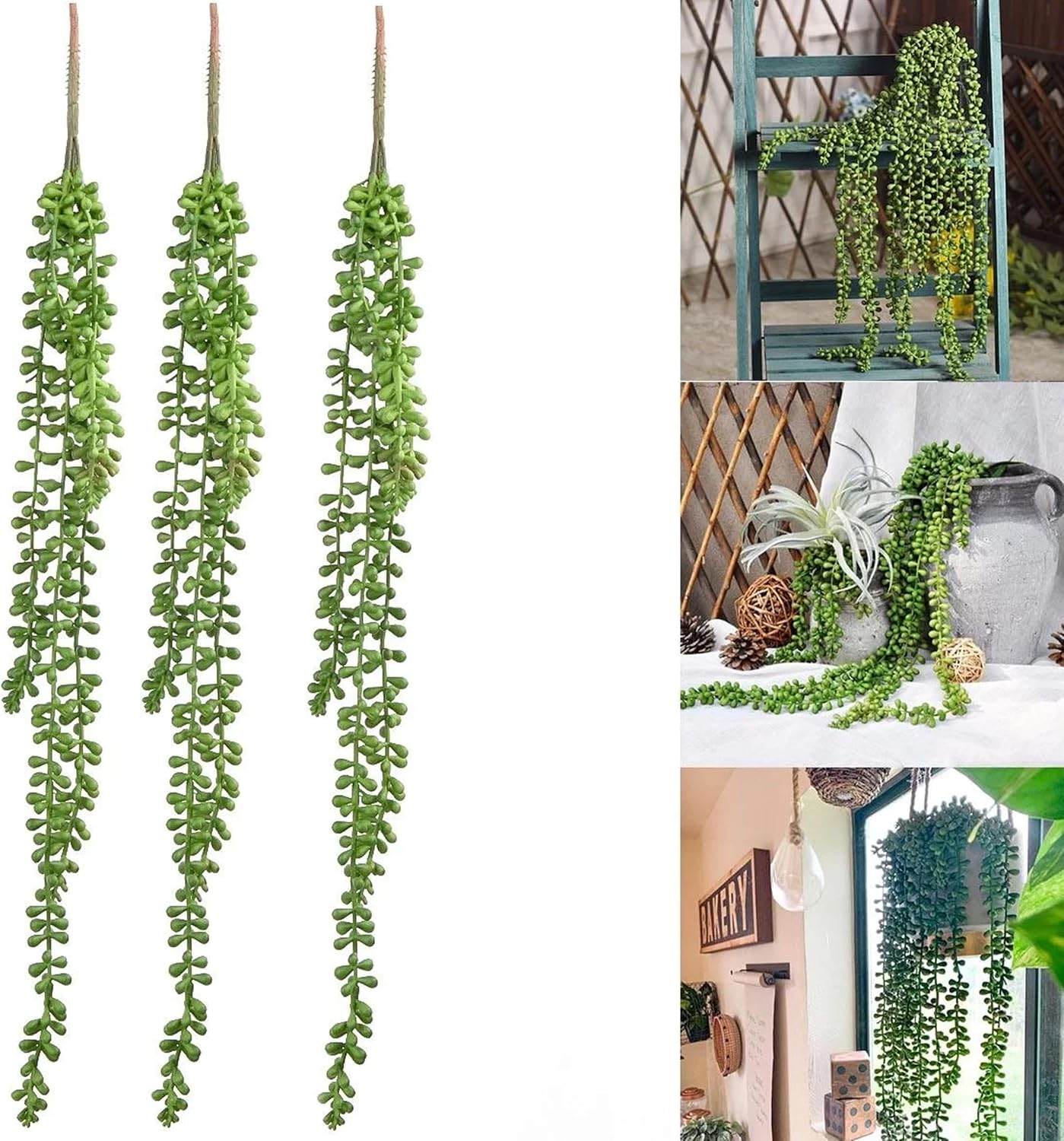TIED RIBBONS 3 Pc Artificial Hanging Succulents Plants String of Pearls Plant Leaves for Home Decor Wall Pot Indoor Outdoor Office Garden Balcony Navratri Decoration Items (83 Cm Long),Plastic