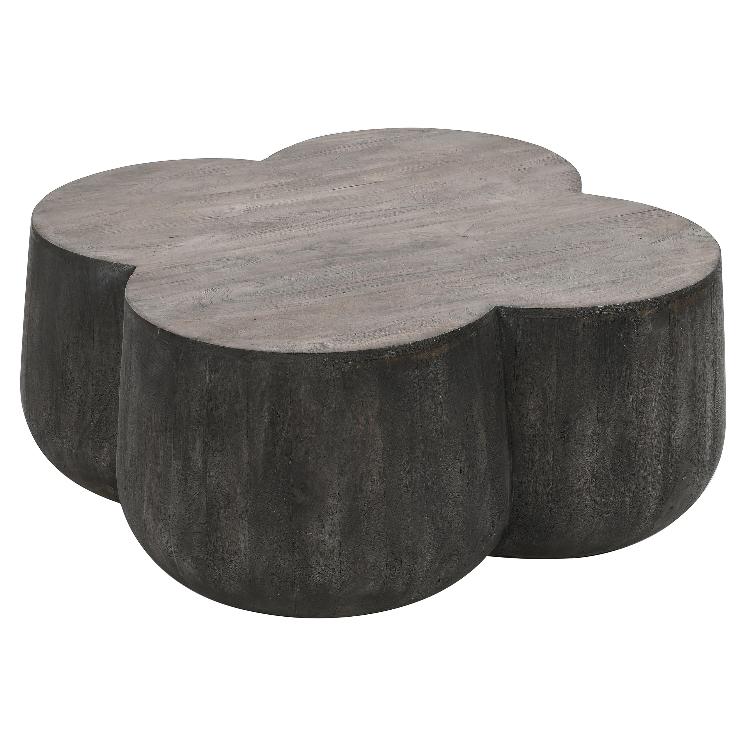 The Urban Port 36 Inch Artisanal Classic Coffee Table, Clover Leaf Drum Shaped Mango Wood Frame, Gray