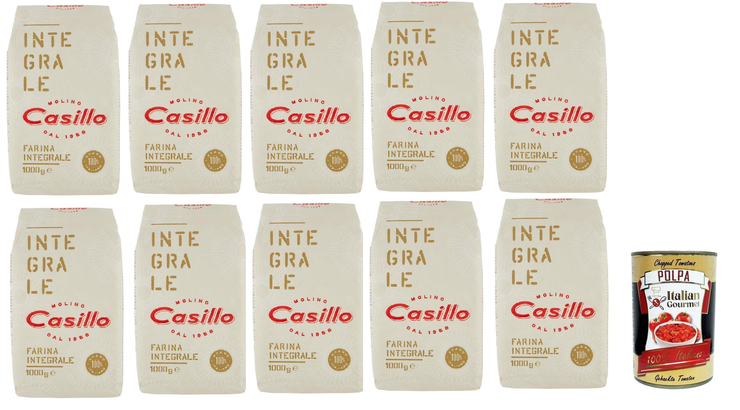 Molino Casillo, farina integrale Vollkornmehl Mehl zartes Vollkorn wholemeal flour 10x 1 kg + Italian Gourmet polpa 400g