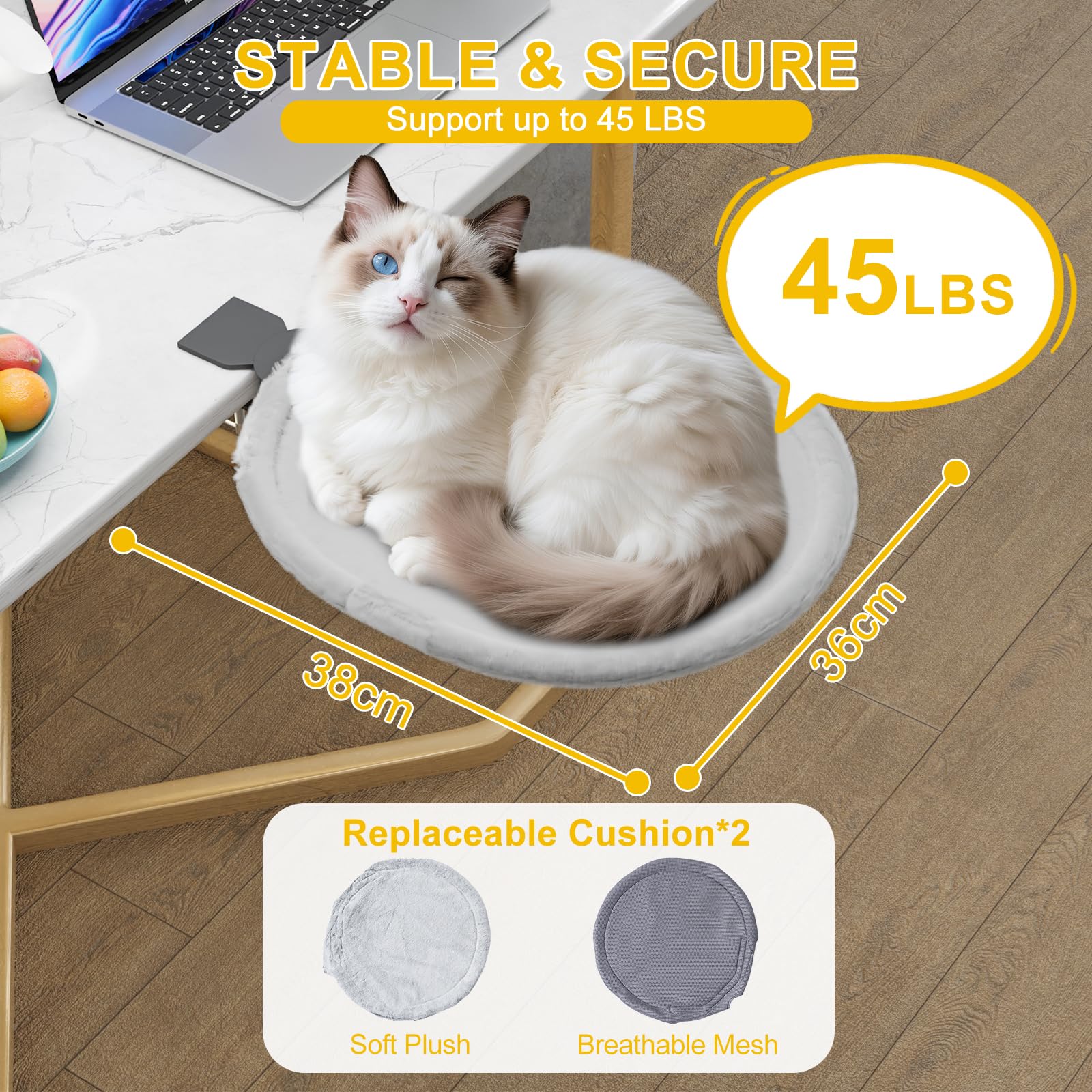 Yuning Cama para Gatos para Escritorio, Casa para Gatos de Interior Giratoria 360° con 2 Lavables Colchones Cálidos y Fríos, Cama de Escritorio Hamaca para Mascotas para Oficina en Casa, hasta 20kg