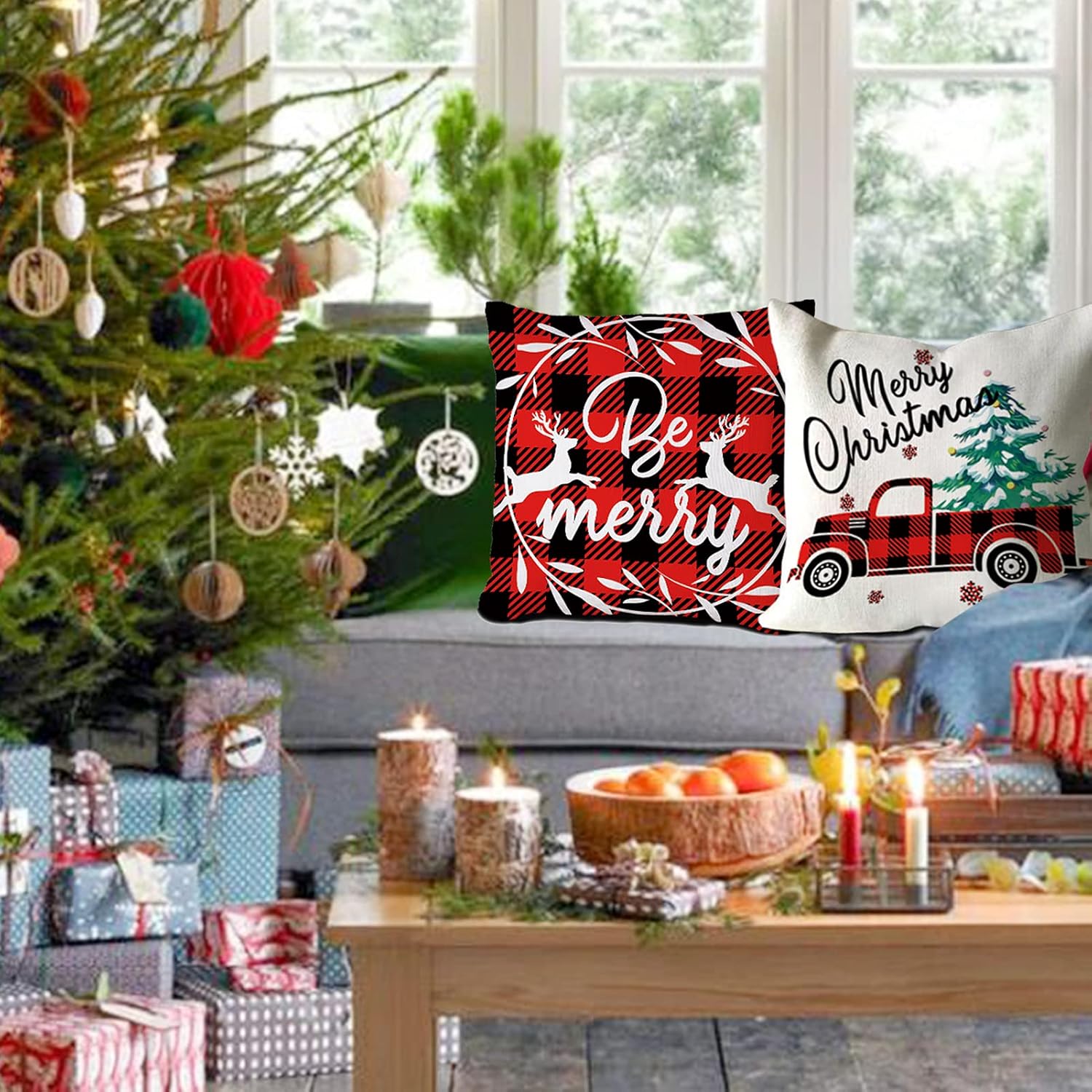 Molili Merry Christmas Pillow Covers 18x18 Set of 4，Black Red Buffalo Plaid Throw Pillow Covers Rustic Linen Decorations Cushion Case for Sofa Bed Outdoor Holiday Home Décor
